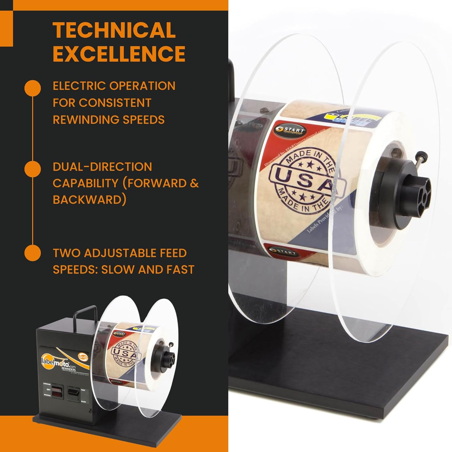 Start International - Rewinder - Electric Label Rewinder Machine for Thermal Printers - Bidirectional Label Winder - 9 Inch Roll Capacity & Dual Core 1.25 3 Inch