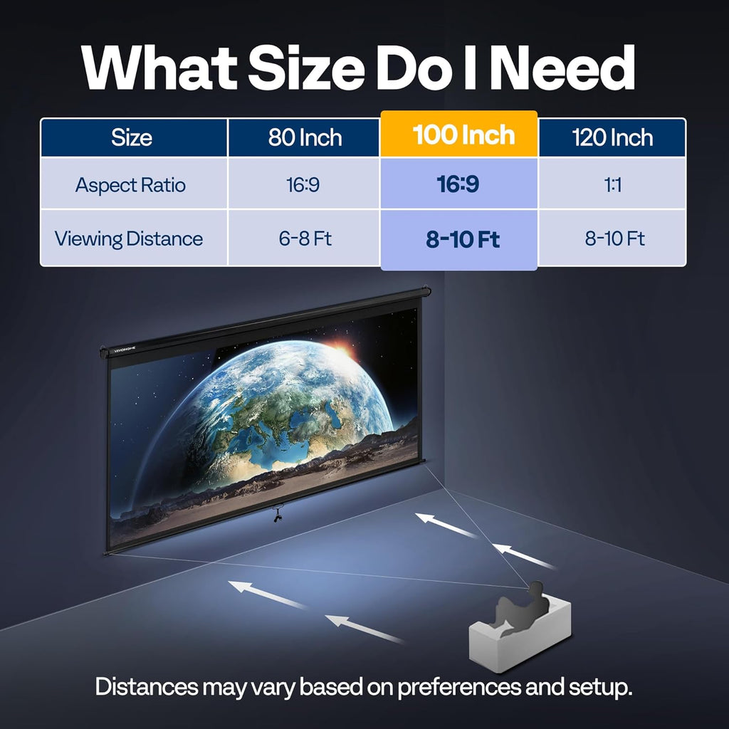 VIVOHOME Projector Screen Pull Down, 16:9 100 Inch Retractable Projection Screen, HD 4K Manual Pull Movie Screen for Home Theater, Cinema, Office (87x49 Inch Black)