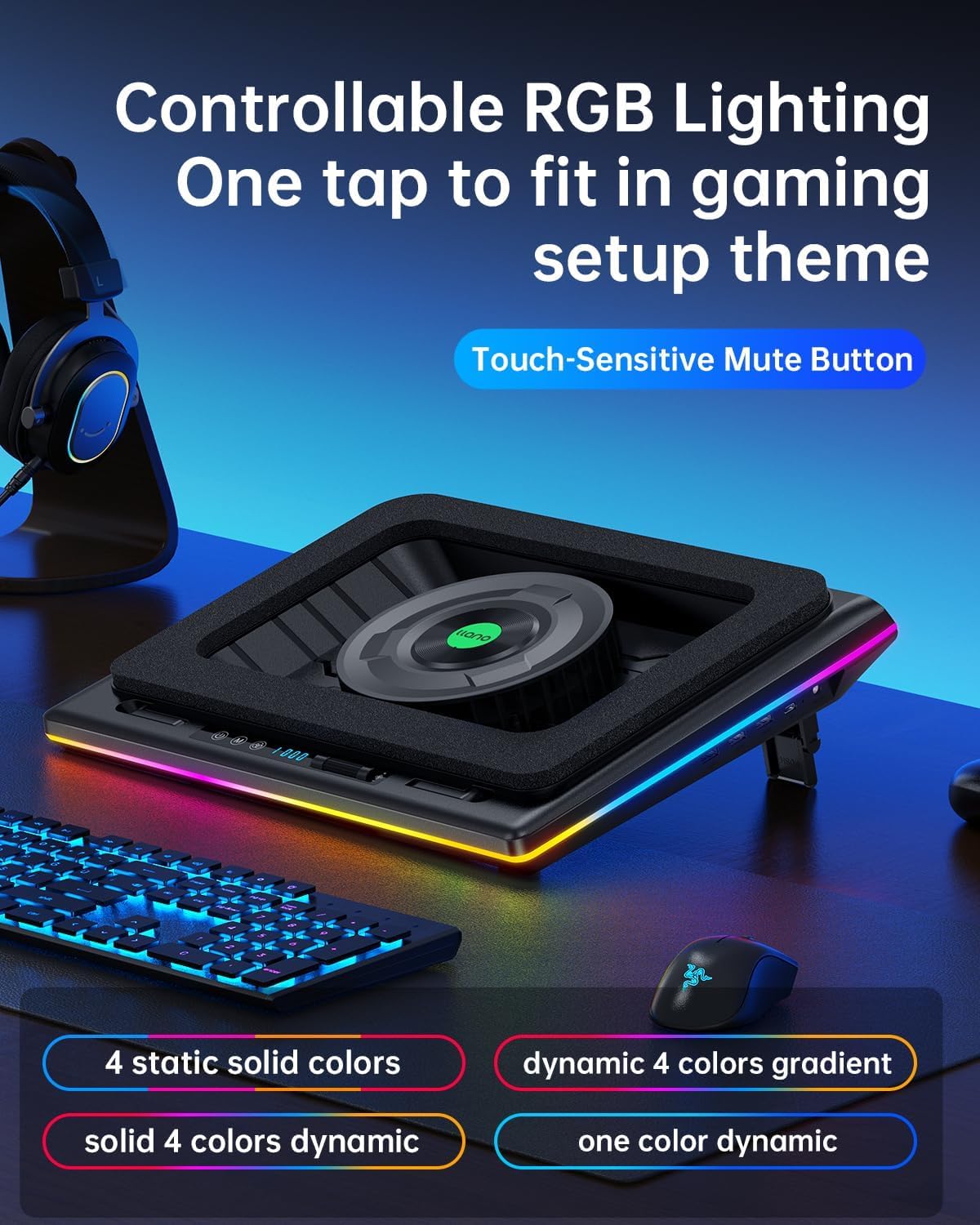 llano V12 RGB Laptop Cooling Pad, Gaming Laptop Cooler with 5.5 Inch Powerful Turbofan, Fast Cooling Laptop 15.6-21in, Adjustable Speed, Touch Control, LCD Screen, Black (RGB)