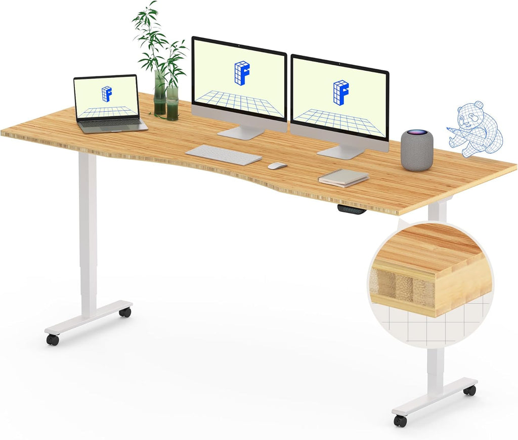 FLEXISPOT E6 MAX Bamboo Dual Motor 3 Stages Standing Desk 72x30 Inch Whole-Piece Board Electric Height Adjustable Stand Up Desk 150KG Load Capacity(White Frame + Bamboo Curved Desktop)