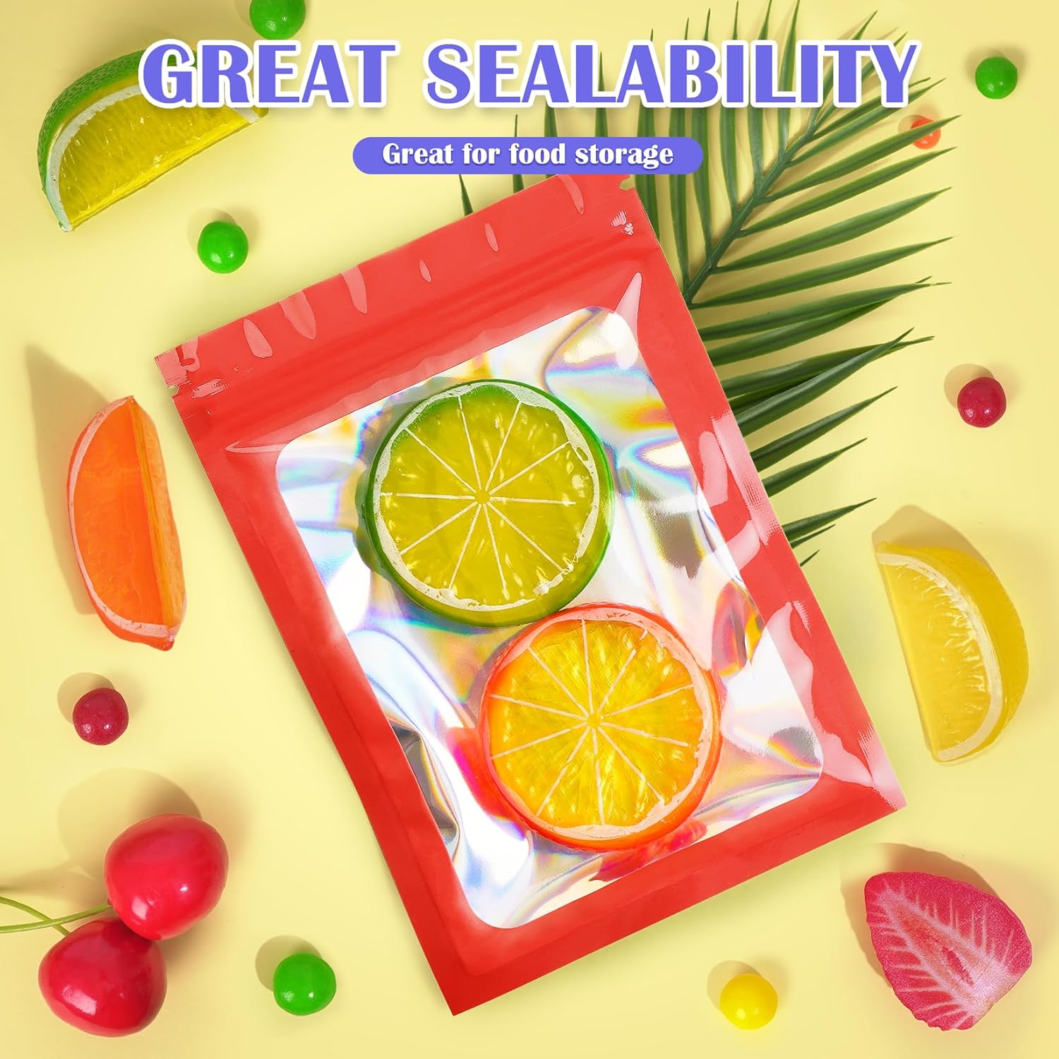 100 Pcs Mylar Bags, Smell Proof Bags Foil Pouch, Holographic Resealable Bags for Small Business, Candy Sample Jewelry Bag Sealable Packaging for Party Favor Food Storage (2.8x3.9in-Red)