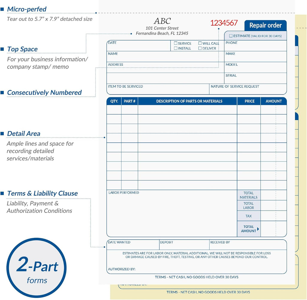 Repair Order Book, 2 Part Carbonless Job Work Order Forms - White/Yellow, 5-7/10 x 8-1/4 Inches, Invoice Receipt Book for Small Business, Consecutively Numbered, 100 Sets (2 Packs)