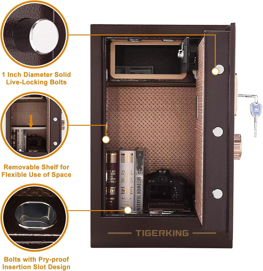TIGERKING Large Heavy Duty Safe Box, 3.47 Cuft Digital Security Home Safe with Combination Lock Built-in Lockable Box, Dual Alarm System Safes for Home Office Business, Antique Brass
