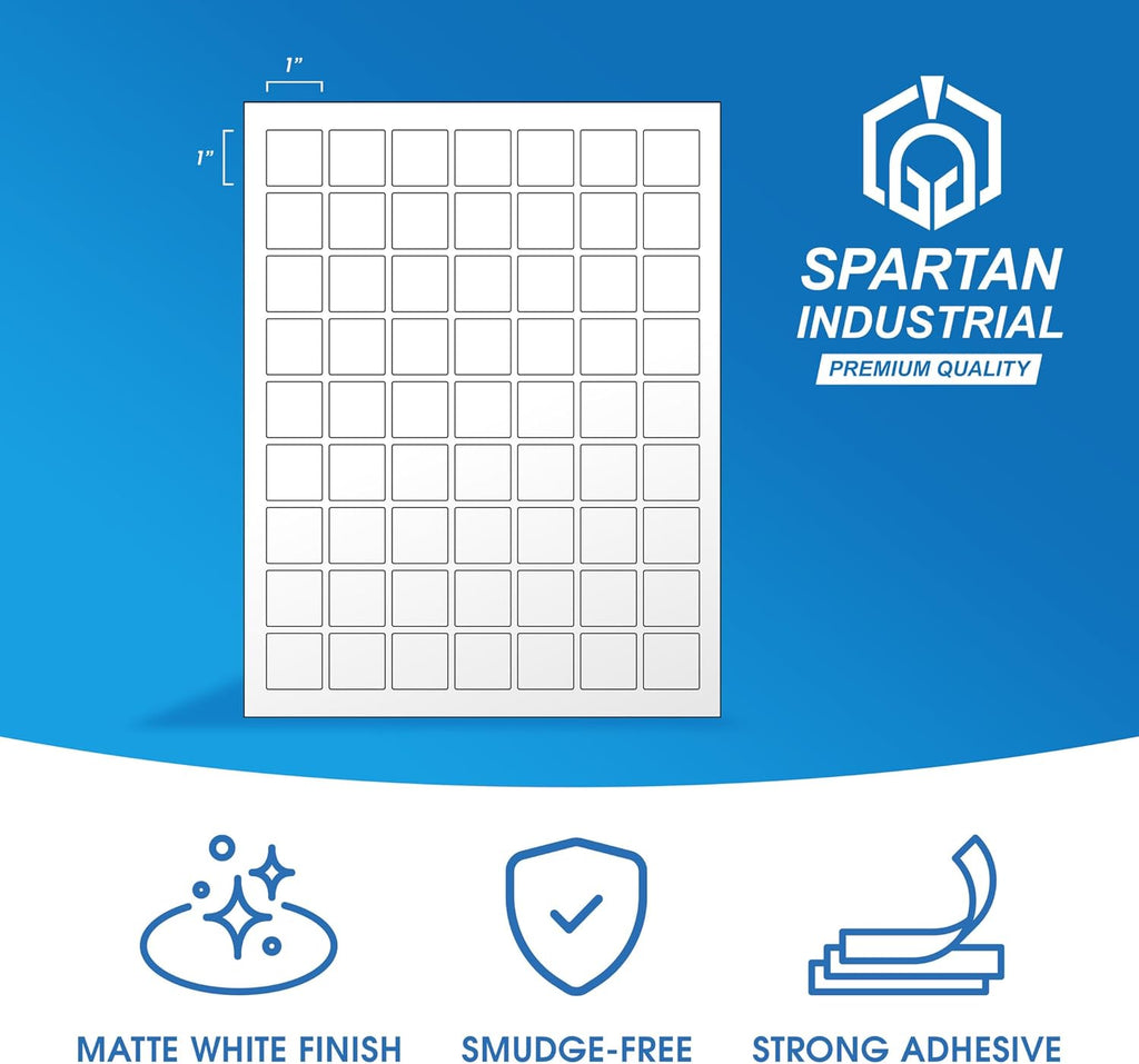 1" X 1" Square Printable Labels Compatible with Inkjet and Laser Printers - 100 Sheets, 6300 Matte White Paper Stickers for QR Codes, Barcodes, and Price Tags - Spartan Industrial