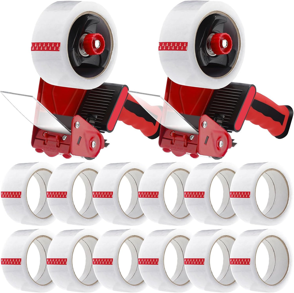 2 Pack Packing Tape Dispenser Gun with 12 Roll Packing Tape 2 Inch Gun 2.7 Mil Heavy Duty Packaging for Shipping, Moving, Carton and Box Sealing(Black and Red)