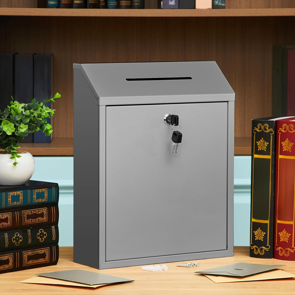 Metal Donation Cash Box Collection Safe Suggestion Box with Lock Wall Mounted Mailbox Delivery Ballot Container for Home Office Outdoor Door(Grey,15 x 12 x 4 Inch)