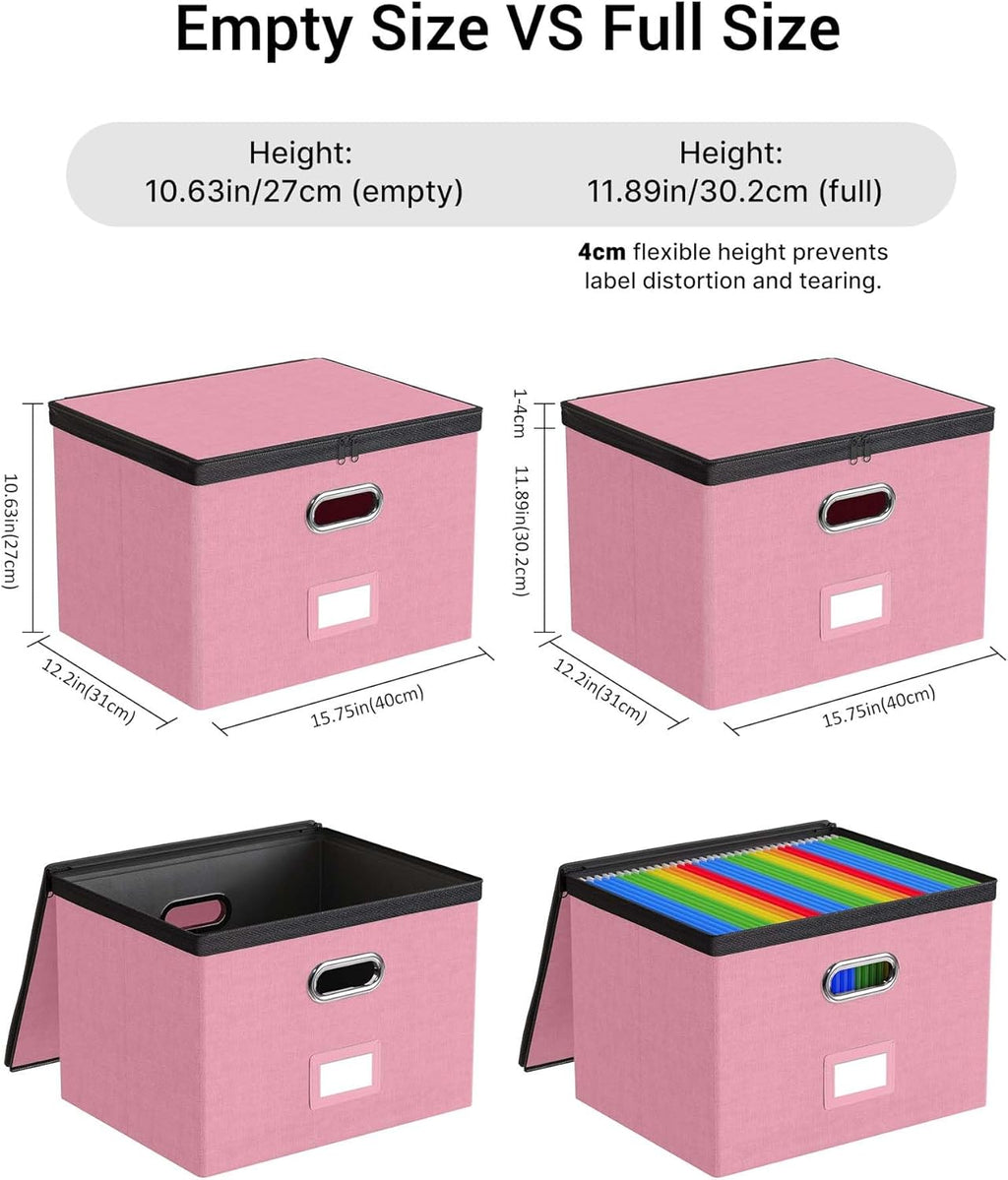 Oterri 2 Pack Large File Organizer Boxes with Lids, File Box with Mesh Pockets, Document Organizer Box for Legal/Letter Size Folders, Zippers Important Document Organizer (Pink, Without Folders)