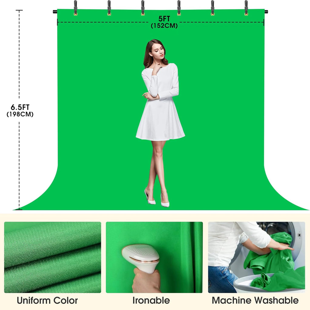 Green Screen Backdrop with Stand, 6.5x5ft Portable Greenscreen Background with Stand, T-Shape Green Screen Stand kit with 6 Spring Clamps, Sandbag, Carry Bag for Zoom, Video, Streaming and Photoshoot