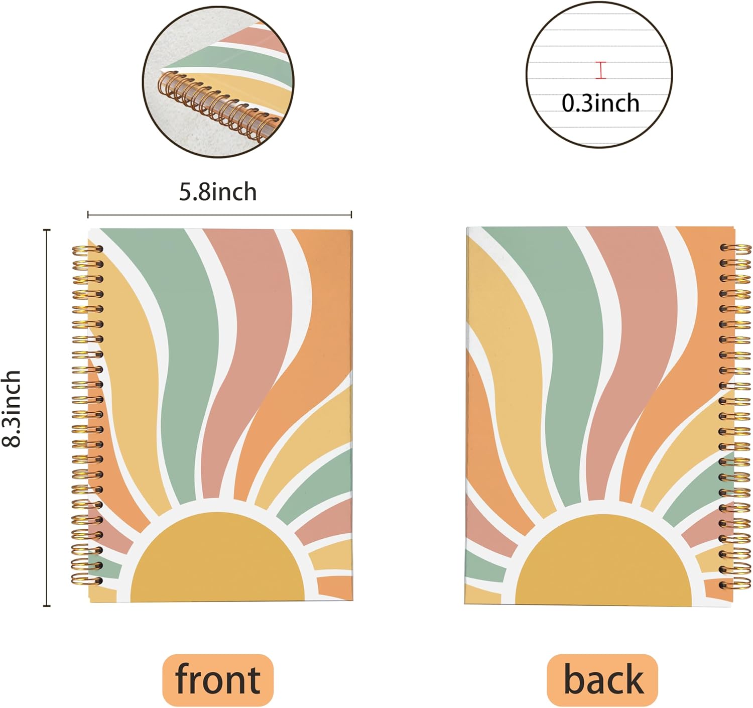 VNWEK Groovy Boho Notebook - Boho Journal, Boho Gifts for Women, Boho Office Supplies, Vintage Boho Sun Sunshine Spiral Notebook 5.5x8.3,Writing Notebooks