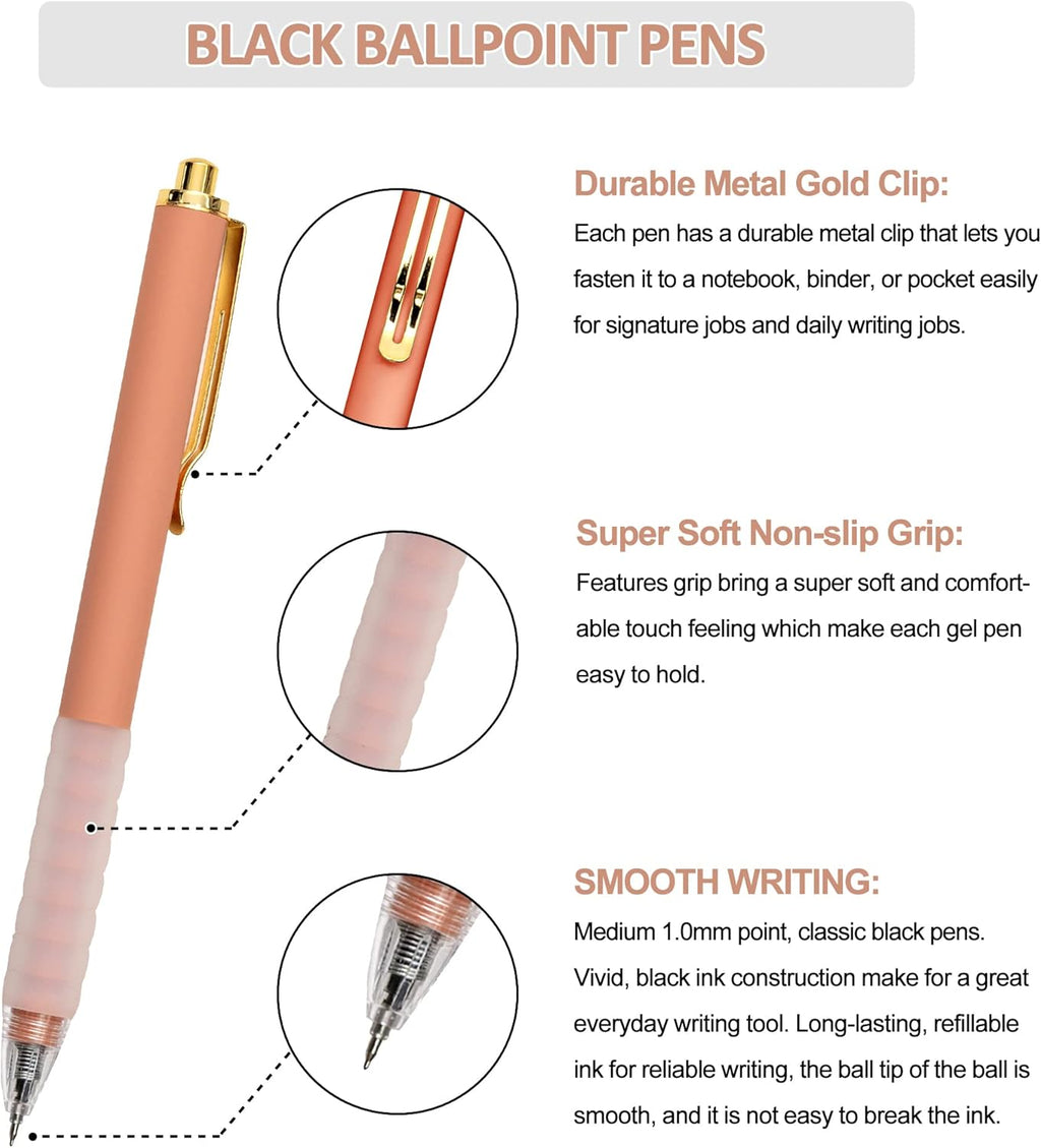 Linbsunne Ballpoint Pens Medium Point 1mm Black Ink Work Pen with Super Soft Grip Ball Point Pen for Men Women Retractable Office Pens (Gold Clip-6 count)
