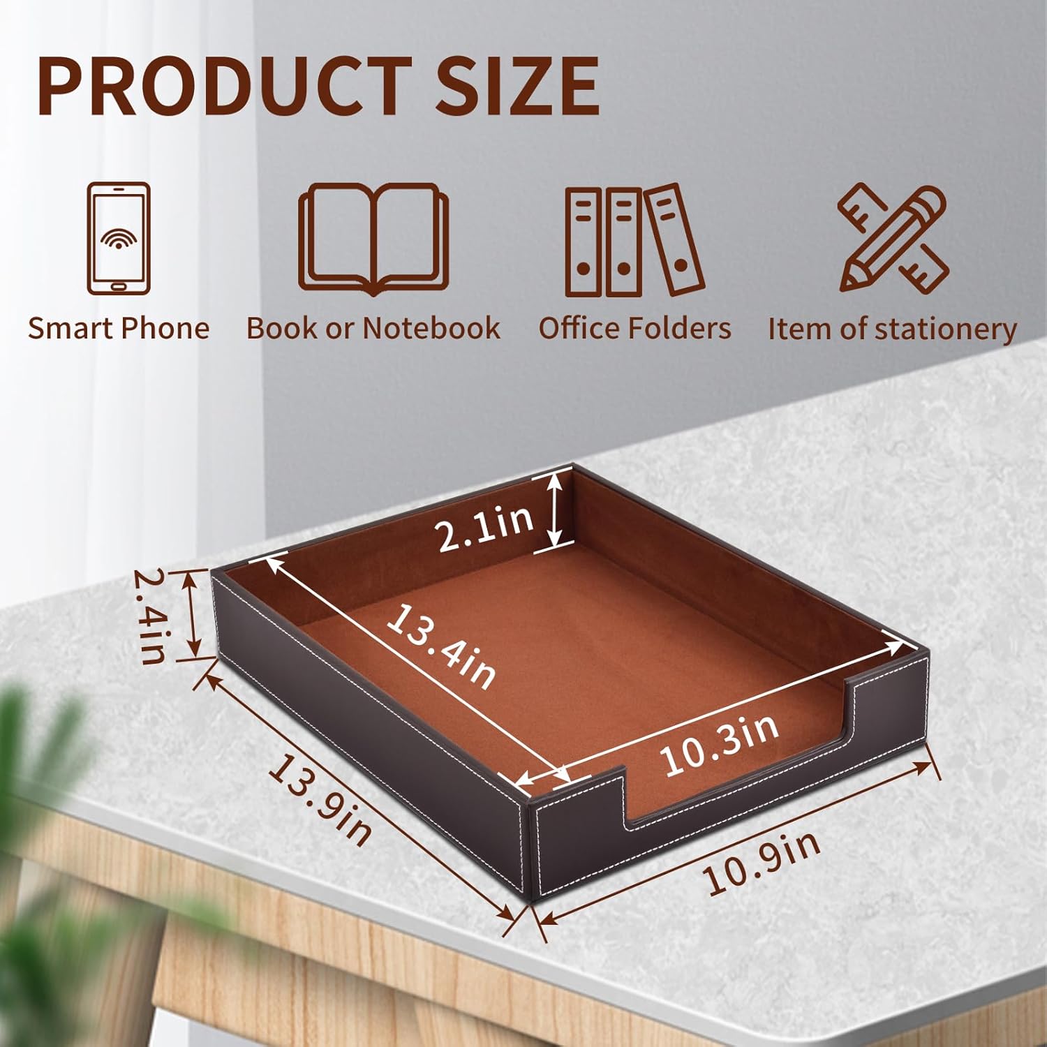 PU Leather 1-Layer Stackable Office File Document Tray Case Rack Paper Letter Tray Desk File Document Organizer Holder (Coffee)