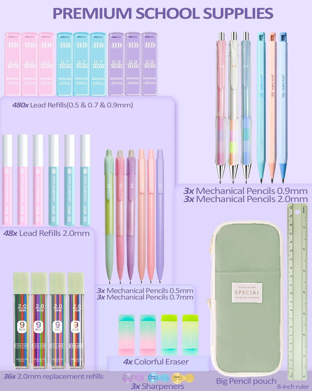 42PCS Mechanical Pencil Set with Cute Pencil Case ,12X Pastel Mechanical Pencil 0.5mm, 0.7mm, 0.9mm & 2.0mm with 564X HB Leads Student Stationary Set for Writing Drawing Ideal Study Essentials (Green)