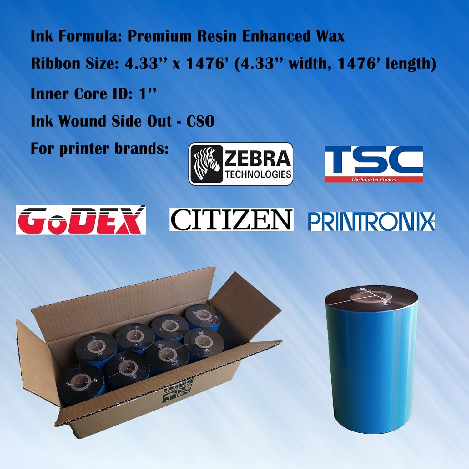 4.33'' x 1476' Premium Resin Enhanced Wax Ribbon, 110mm x 450m Black Thermal Transfer Ribbon, Barcode Thermal Label Printer Ribbon, CSO-Ink Outside, 1'' Core for Zebra, TSC, GoDex, Citizen (1 Roll)