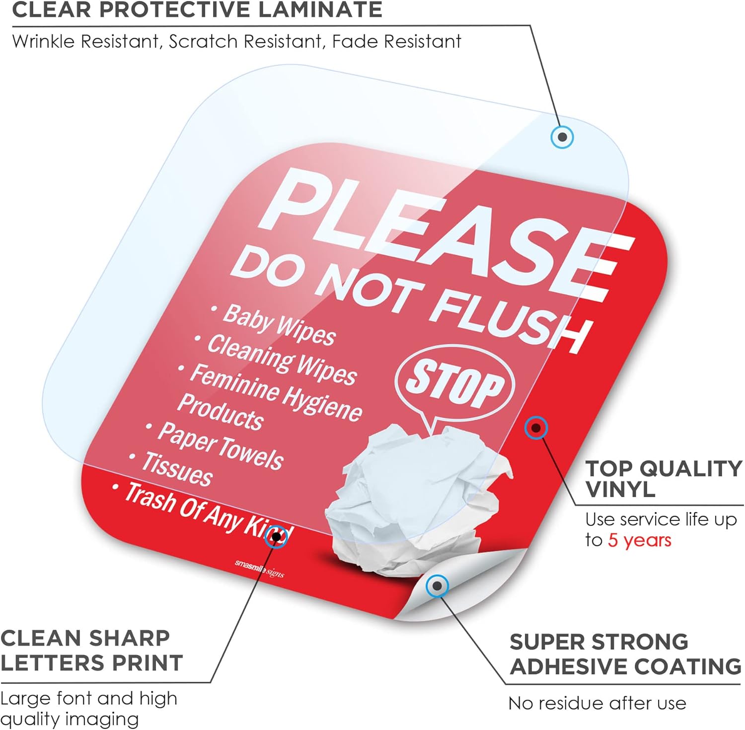 Please Do Not Flush Sign 5 Pack 6"x 6" Please Do Not Flush Anything Except Toilet Paper Sign Self Adhesive Decal