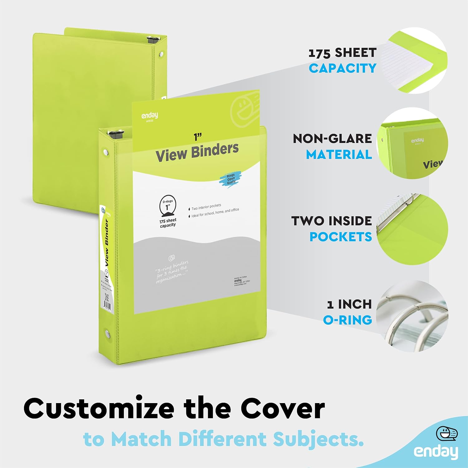 3 Ring Binder Green, 1 Inch, 1” Clear View Cover with 2 Inside Pockets Round Ring Binder, Colored School Supplies Binders, Also Available in Pink, Blue, Purple, Grey, and Red (24 PC) – by Enday