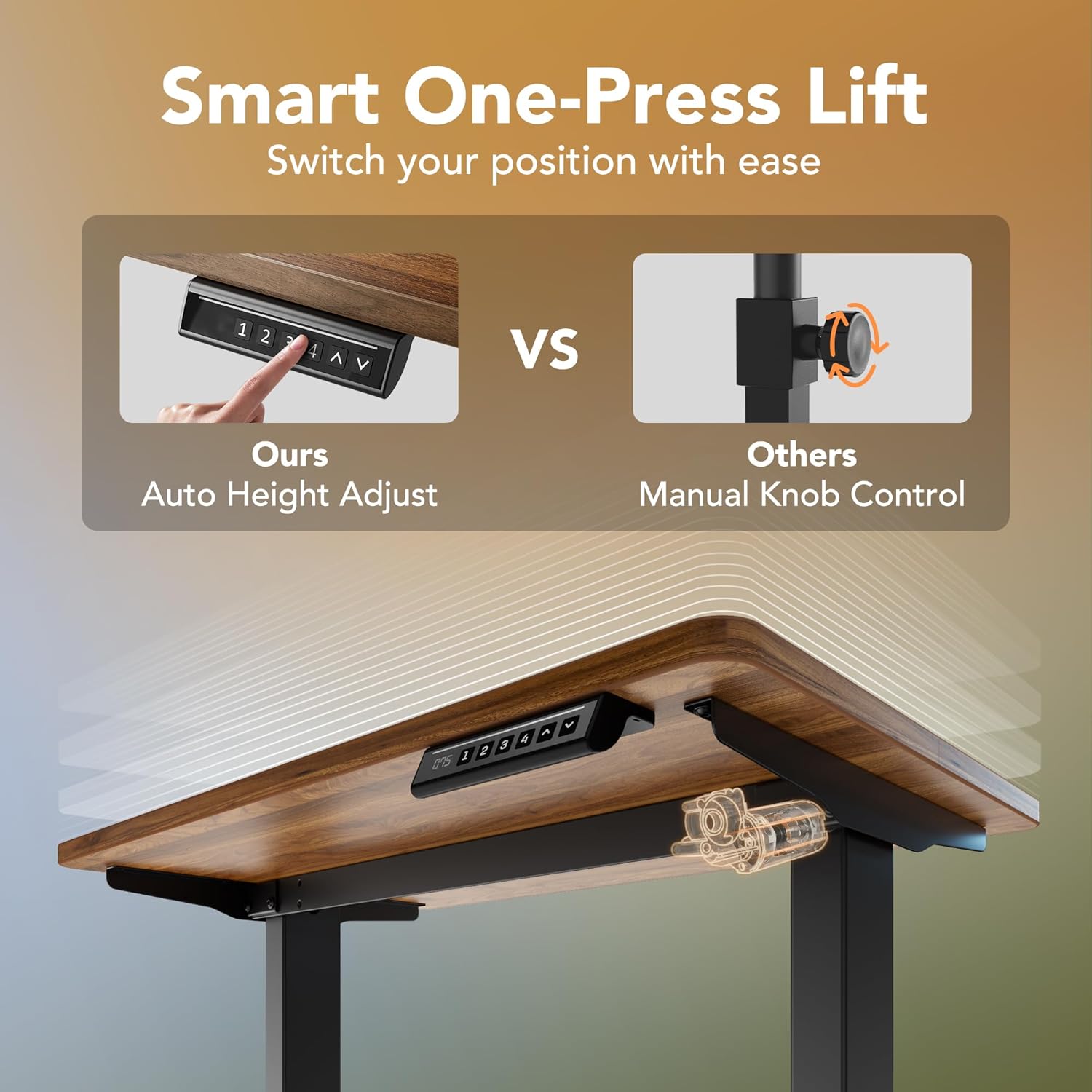 HUANUO 43 x 24 inch Electric Standing Desk Adjustable Height, 4 Memory Height Settings, Sit Stand Up Desk for Home Office & Computer Workstation, Black Walnut