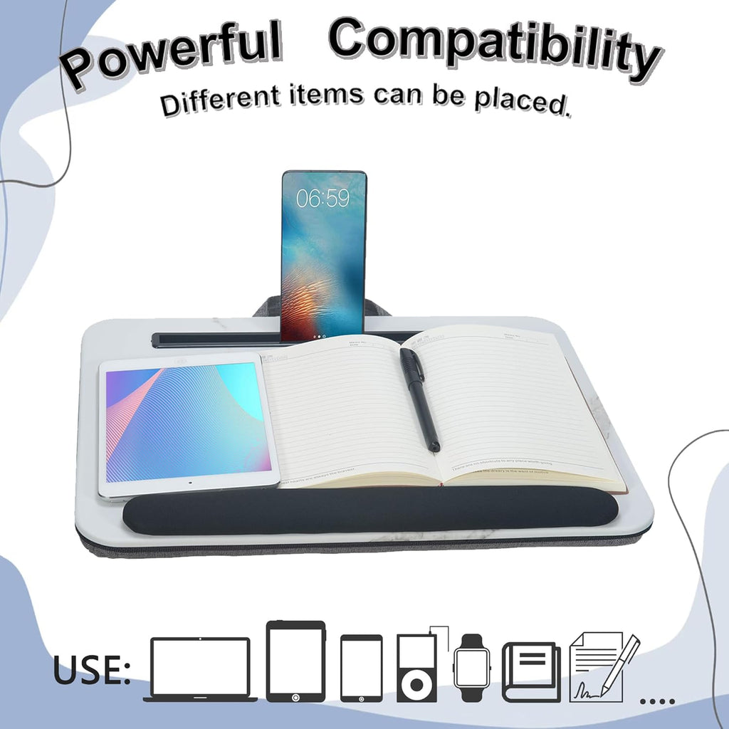 Portable Laptop Desk Fits Up to 16“ Laptops, with Tablet Slot, Built-in Cushion, Great for Home & Office,Lap Desk for Laptop,Lap Desk with Cushion (White Marble with Wrist Rest, Medium)
