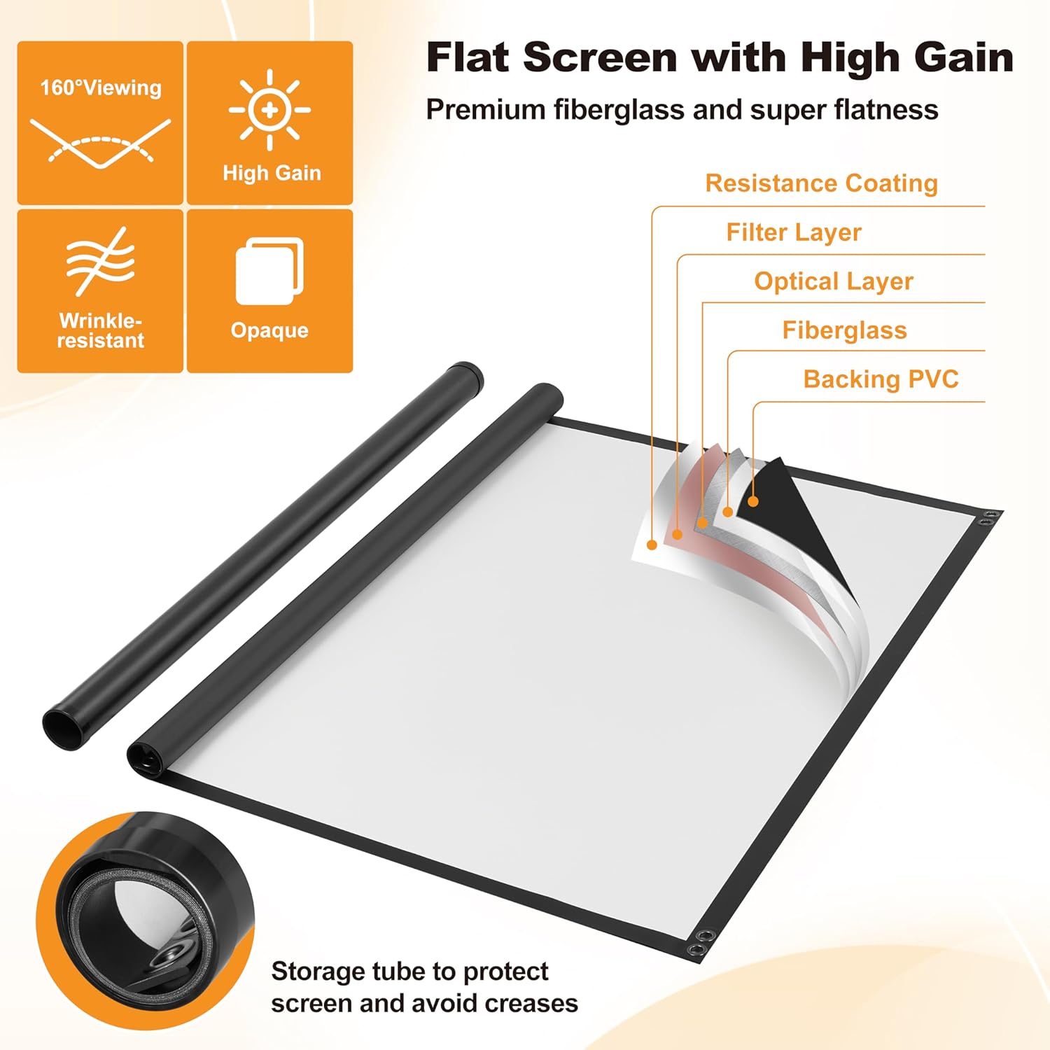 Outdoor Projector Screen 60 Inch, 16:9, High Gain, Projector Screen with Stand, Wind-resistant Design for Portable Projection Screen Outdoor, With Ropes and Spikes, 4K Image for Home Theater, Camping.