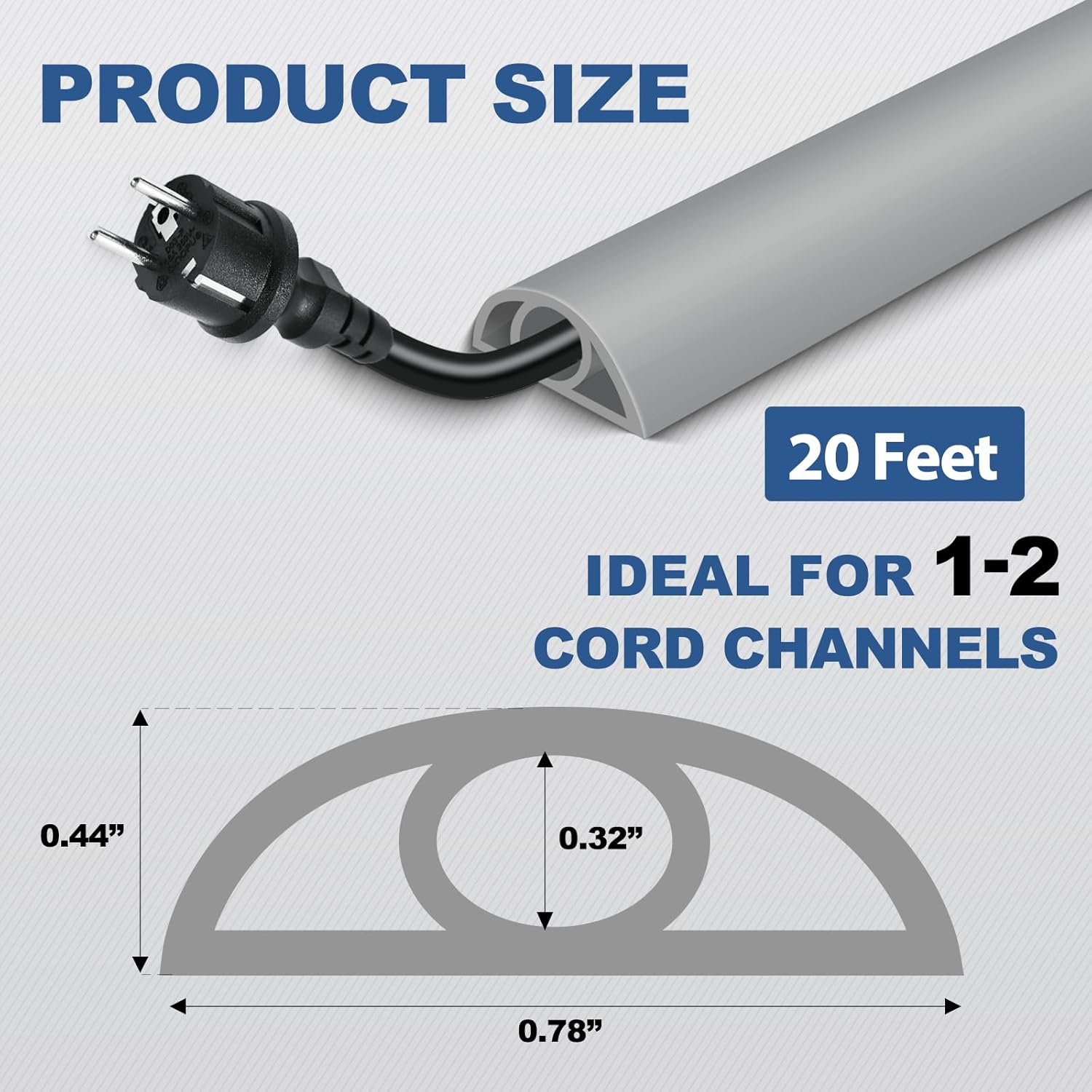 Floor Cord Cover for Wires on Floor Self Adhesive Cord Hider Floor Cable Management Wire Covers for Cords Protector Prevent Cable Trips Cord Cavity W 0.32" x H 0.32", Gray, 20Ft