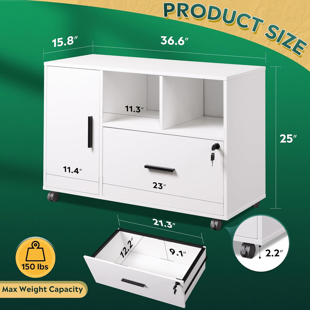 DEVAISE Office File Cabinet with Lock, 1-Drawer Wood Lateral Filing Cabinet on Wheels, Printer Stand with Open Storage Shelves for Home Office, White