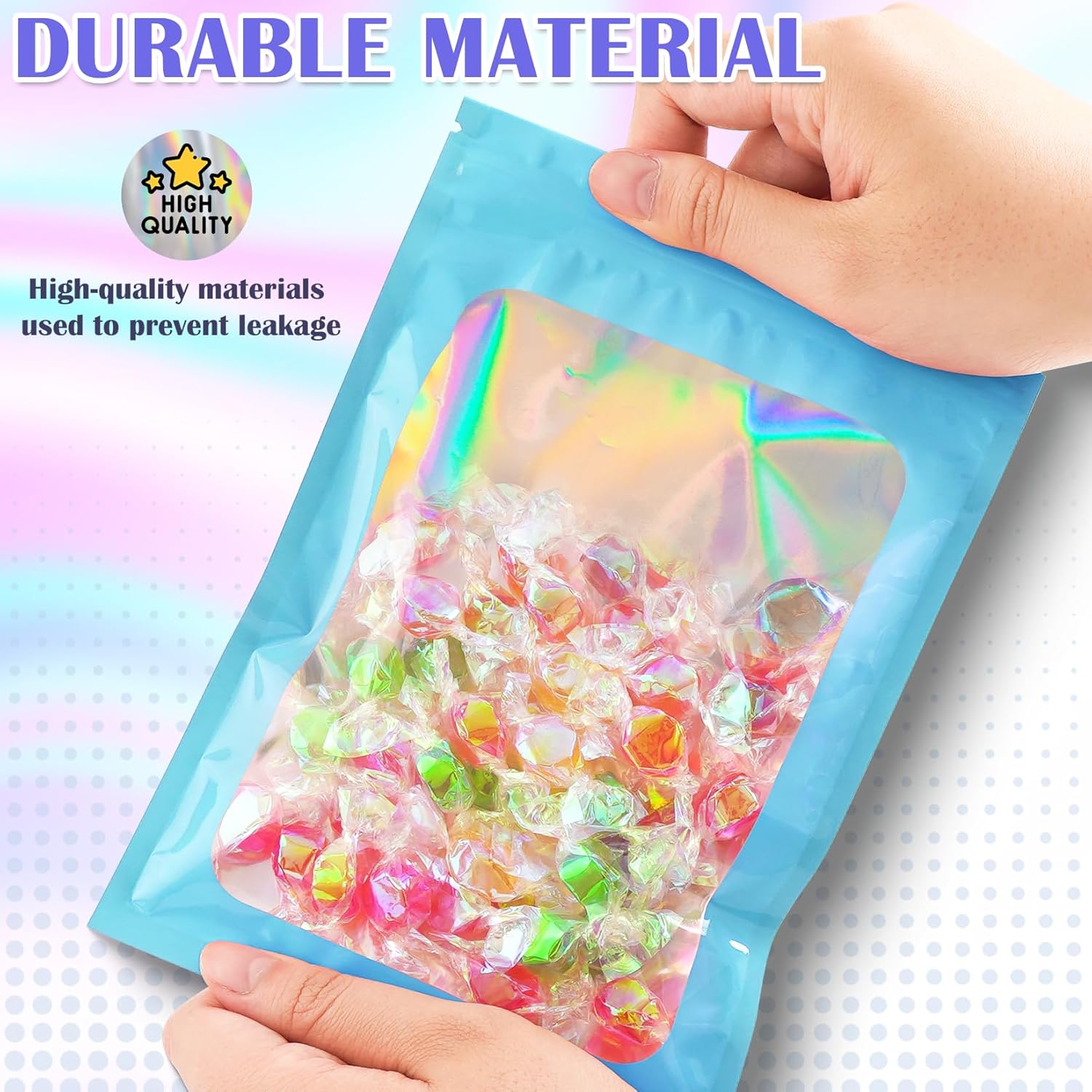 100 Pcs Mylar Bags, Smell Proof Bags Foil Pouch, Holographic Resealable Bags for Small Business, Candy Sample Jewelry Bag Sealable Packaging for Party Favor Food Storage (2.8x3.9in-Blue)