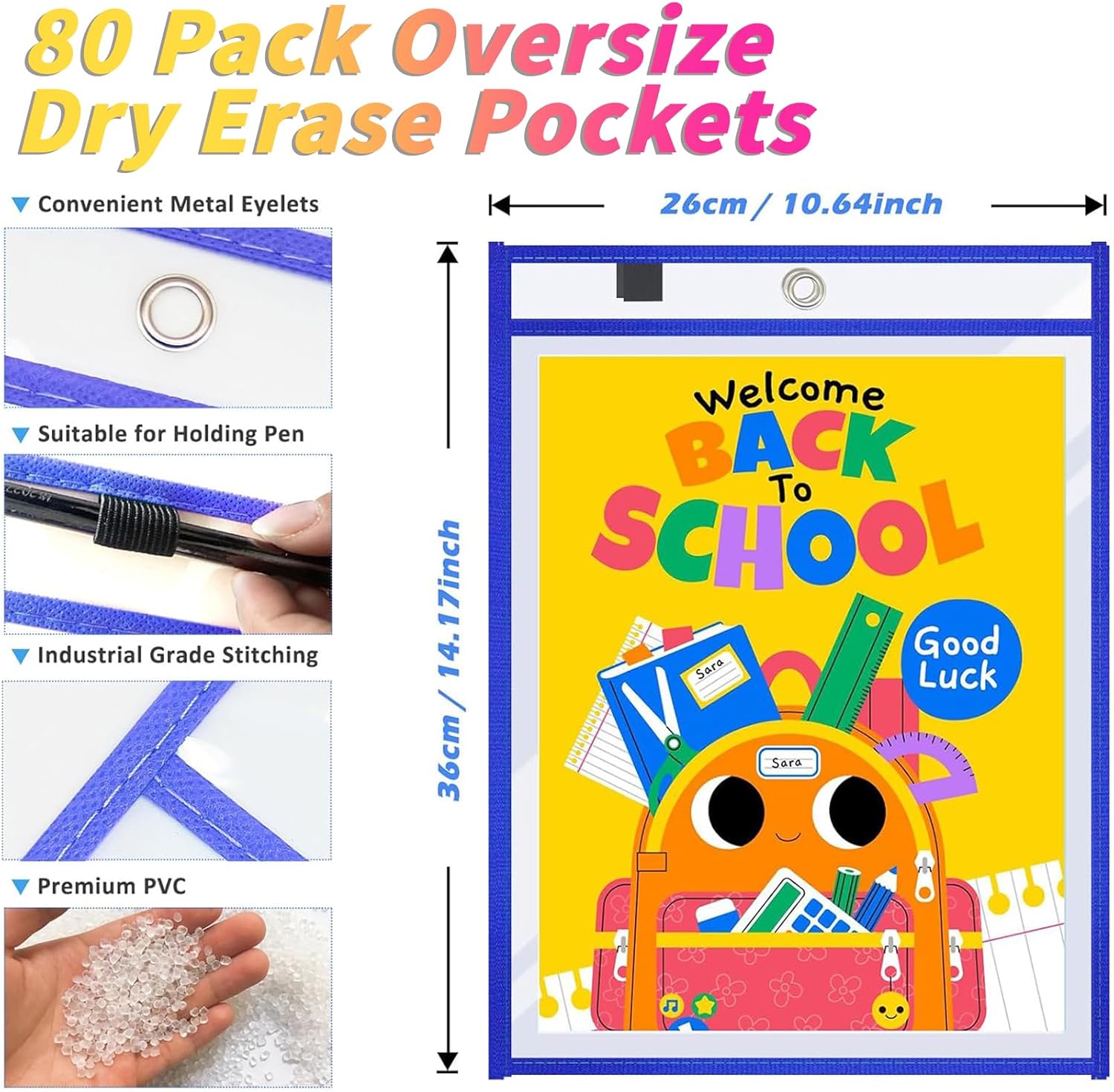 80 Packs Dry-Erase Pockets Bulk Oversized Reusable Dry Erase Pocket Sleeves with 5 Rings, 16 Assorted Colors 10x14 Ticket Holders, Clear Plastic Sheet Protectors, Teacher School Classroom Supplies