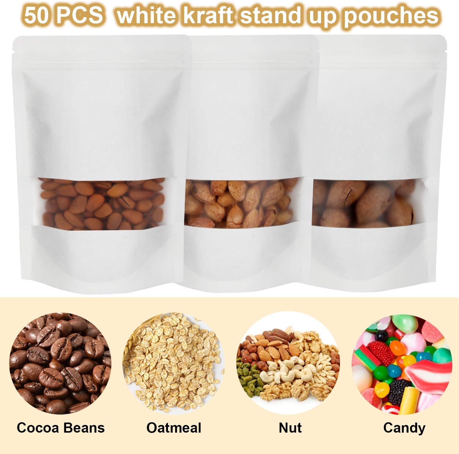 Blisstime 50 Pieces Resealable Bags for Small Business, White Kraft paper Stand Up Pouches with Matte Window Reusable Heat Sealable Bags for Packaging (4.7 X 7.9 Inches)