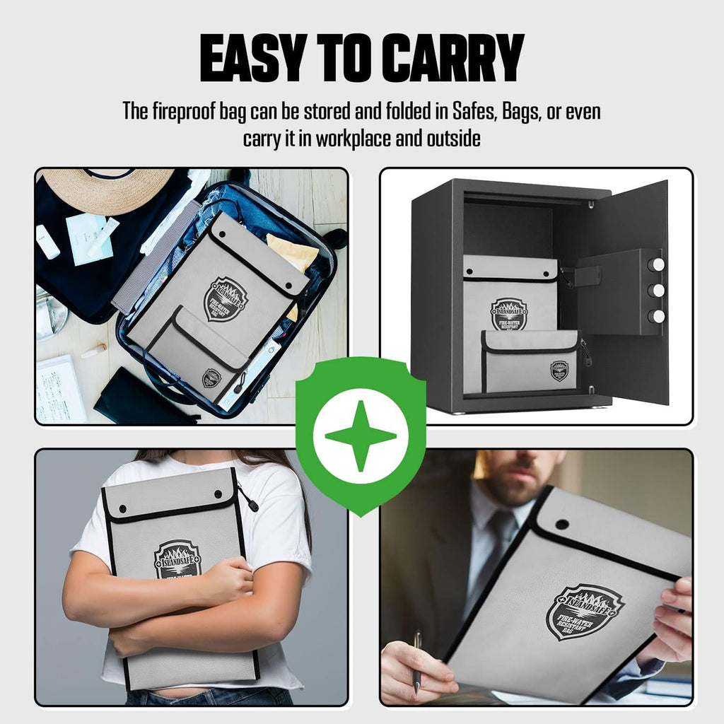 Fireproof Document Bag, Waterproof Money Bag Pocket with Zipper Closure, Storage Pouch for Valuables, A4 A5 Document File, Cash, Credit Card, Passport (Grey, small+big set)