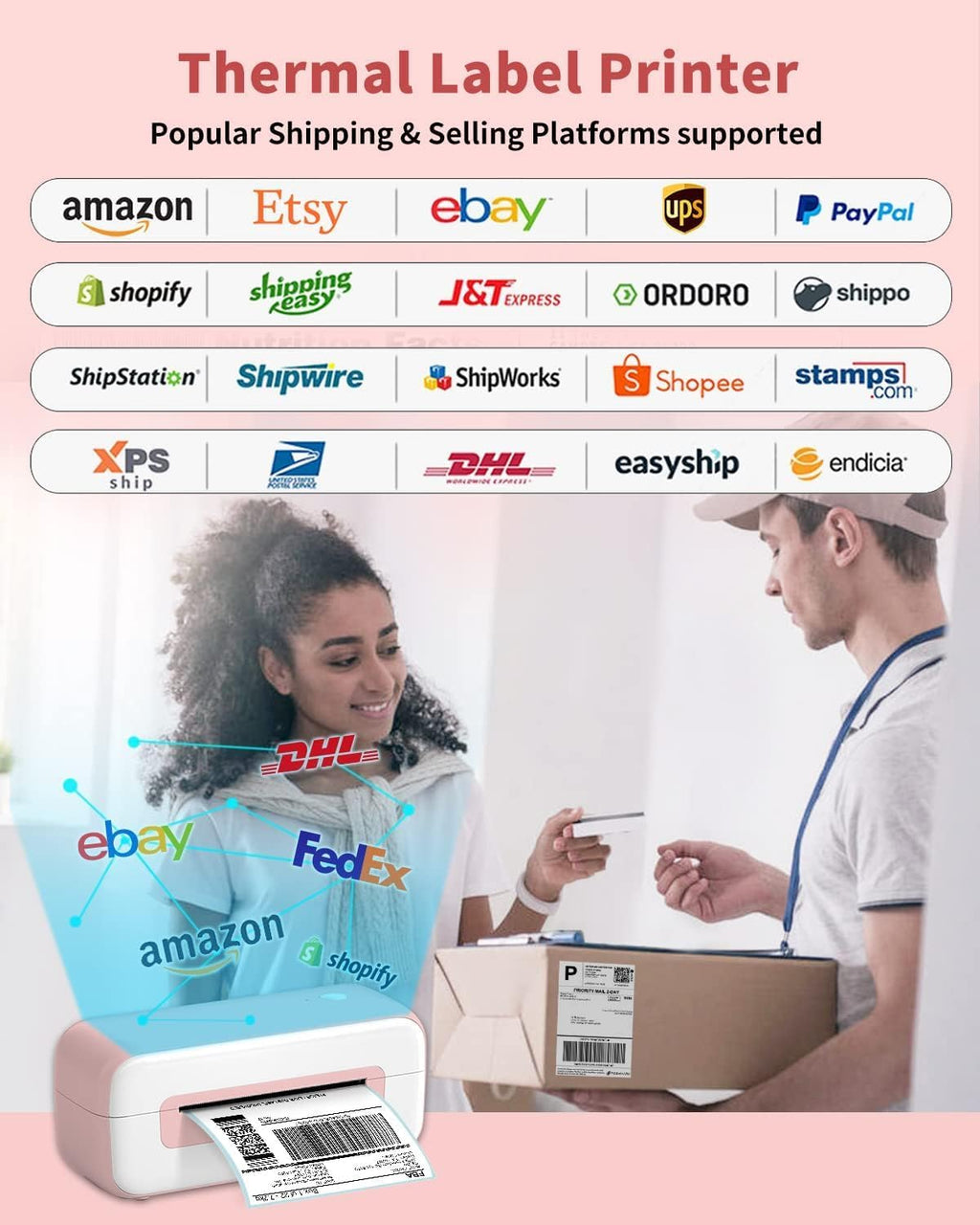 Phomemo Label Printer - 4x6 Thermal Printer for Small Business & Shipping Package, Bluetooth Shipping Label Printers Compatible with Android & iOS,Widely Used for Amazon, Ebay, Shopify, UPS- Pink