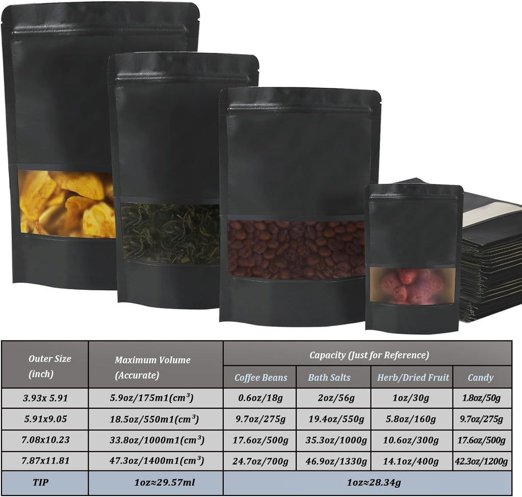 100 PCS Resealable Stand Up Kraft Paper Bags With Matte Window, Zipper Lock Food Storage for Small Business and Home, 5.91 * 9.05 Inches Reusable Sealable Packaging - Black