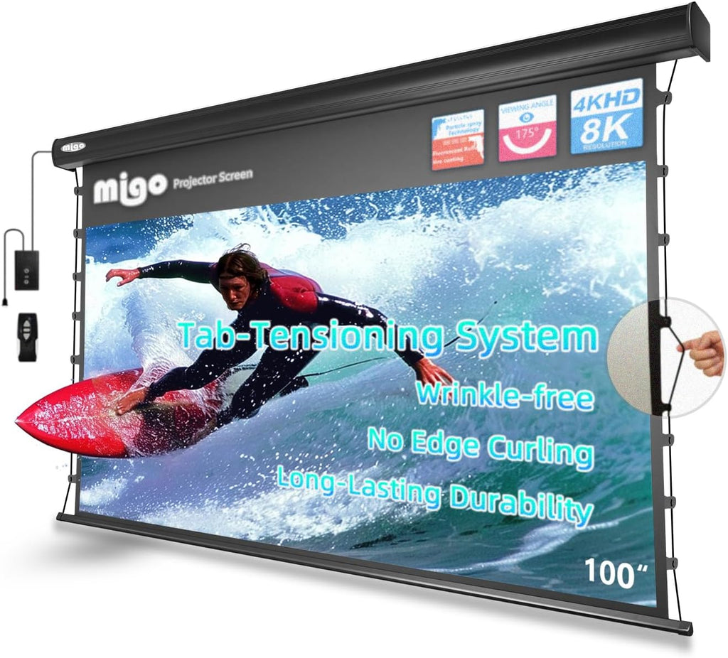 100 Inch Projector Screen Tab-Tension,Motorized Projector Screen Pull Down with 4K HD Partial Ambient Light Remote,Wall Mount Ceiling Mount Automatic Movie Screen for Home Theater(Black Housing)