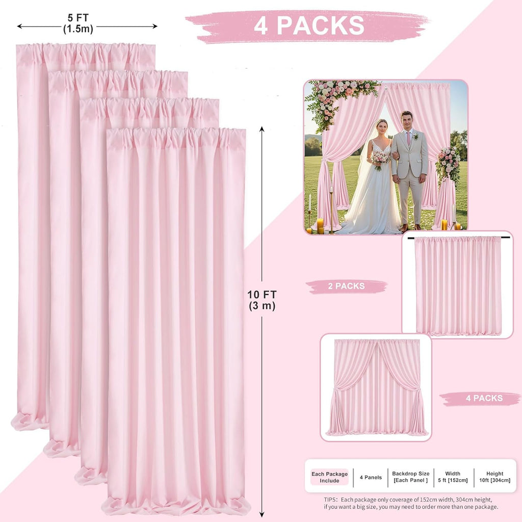 Pink Backdrop Curtains 4 Panels 5ft x 10ft Polyester Photography Backdrop Drapes for Baby Shower Party Wedding Stage Decorations