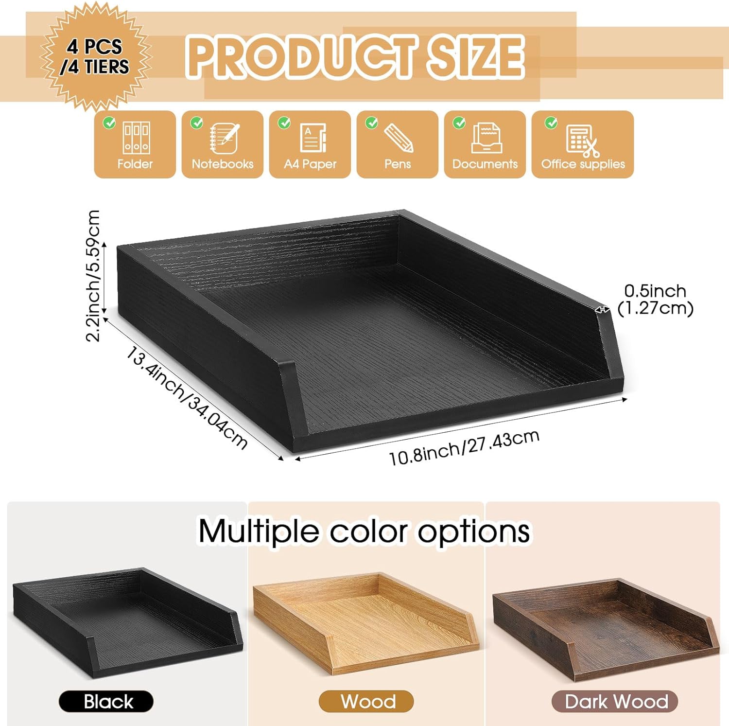 4 Pcs Wooden Letter Trays Wood Letter-Size Desk Organizer Heavy Duty 2 Tier Stackable Supports Paper Tray Desktop Drawer Organizer File Folder Magazine Office Accessories (Black)