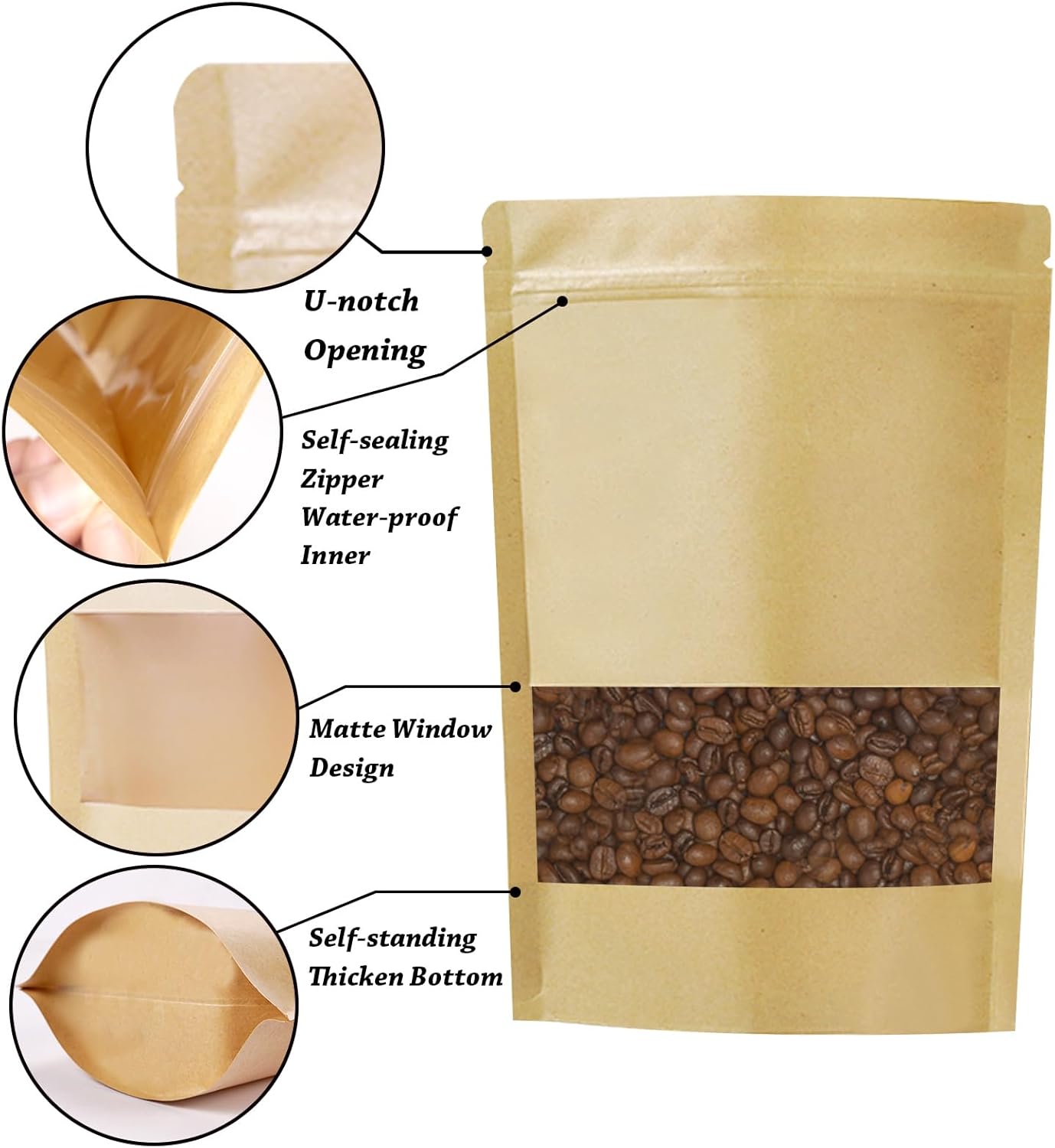 100 PCS Resealable Stand Up Kraft Paper Bags With Matte Window, Zipper Lock Food Storage for Small Business and Home, 5.51 * 7.87 Inch Reusable Sealable Packaging