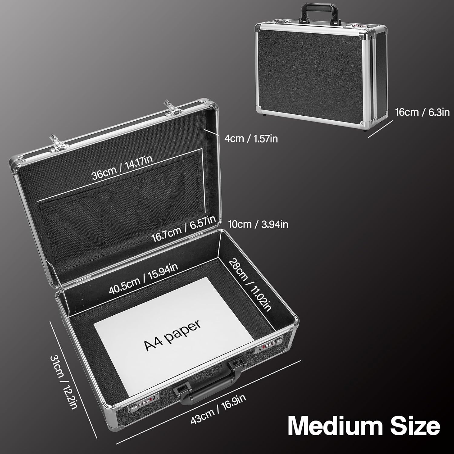 File Organizer Storage Box - 16.8 x 12.1 x 6 Inch Large, Portable Locking Storage Totes with Dual Combination Locks, Lock Boxes for Personal Items, Cash, Briefcase - Black