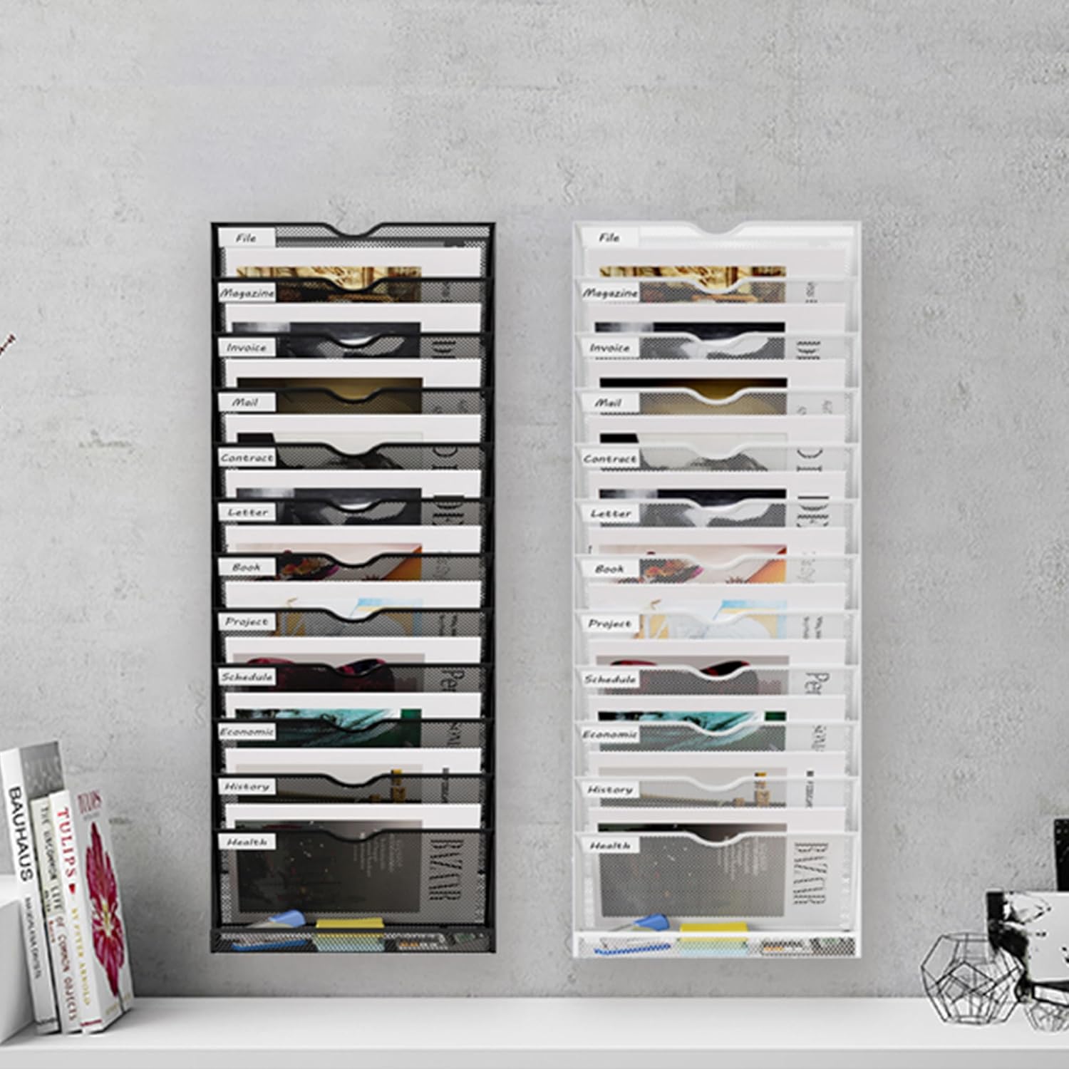 13 Tier Hanging Wall File Holder, Metal A4 Wall Mounted Document Holder, Vertical Hanging Mail Organizer, Magazine Storage Rack with Tray for Office Home Classroom, White