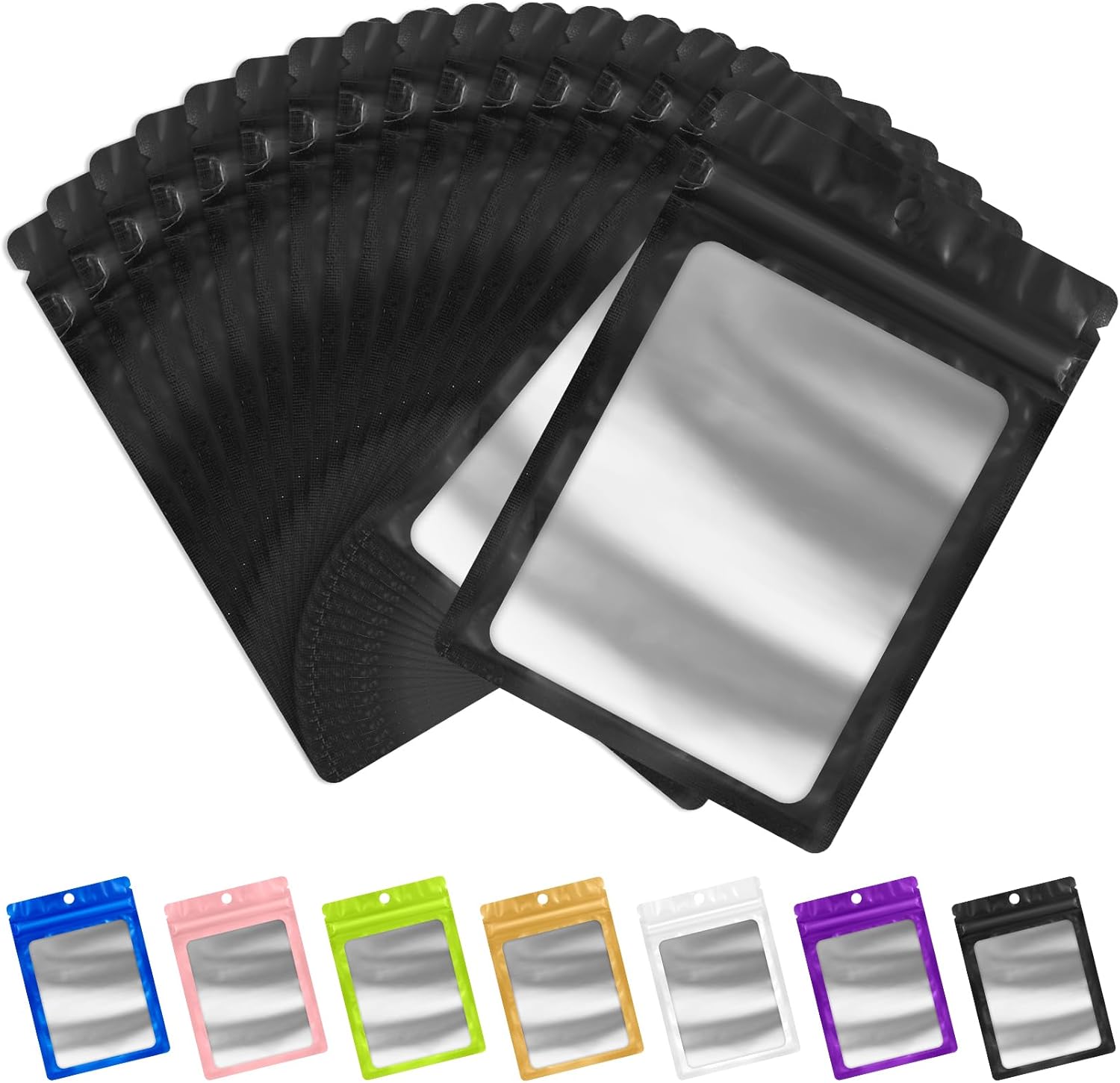 FUNFERY 100 Pack Mylar Resealable Bags Foil Packaging Bags with Clear Window,Zipper Pouch Smell Proof Bag for Food Storage,Cookies,Sample,Small Business(Black,4x6inch)