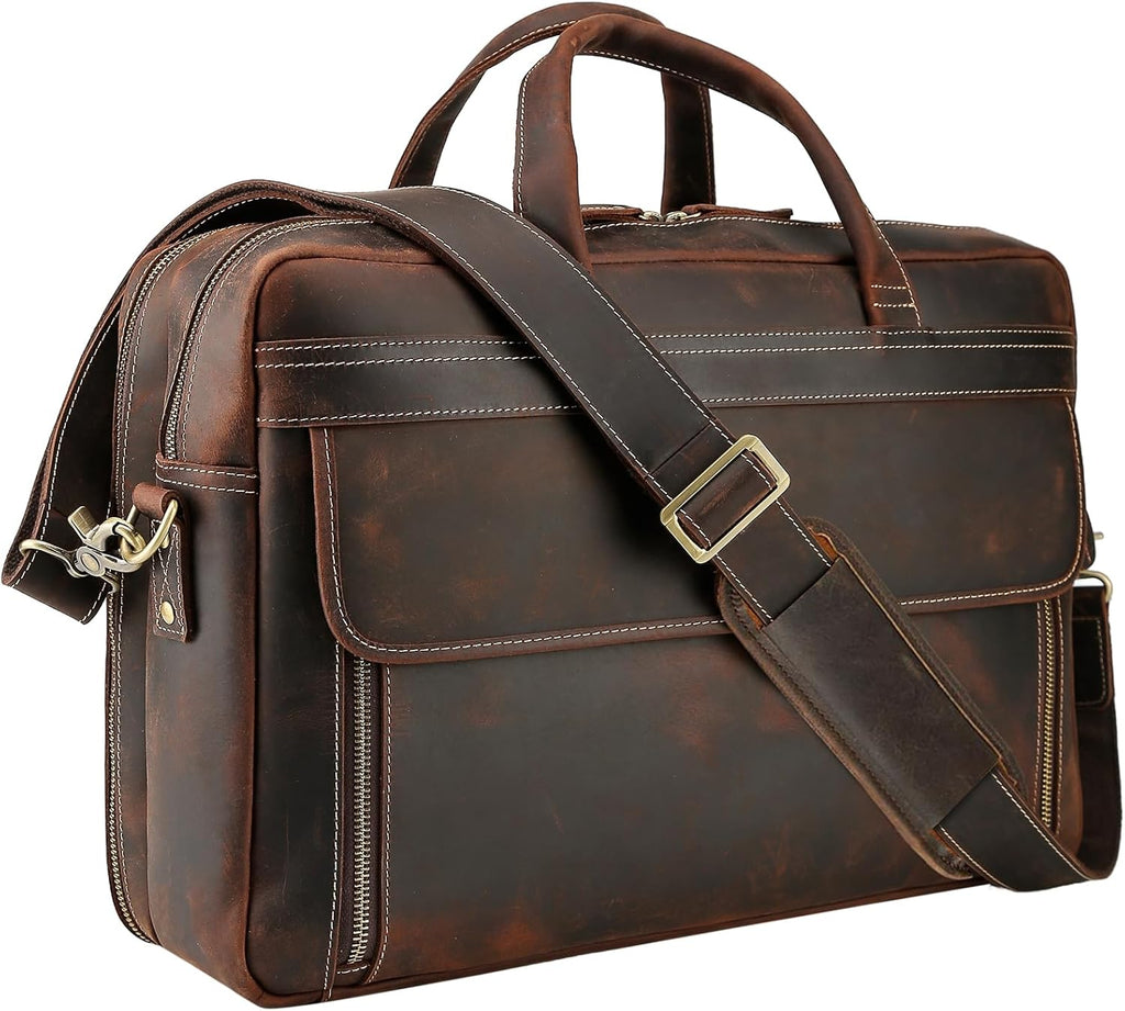 Masa Kawa Leather Briefcase for Men 15.6" - 17" Laptop Computer Case Business Travel Work Messenger Cross Body Shoulder Bag