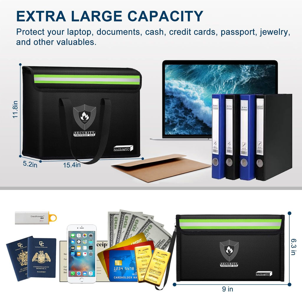 Fireproof Document & Money Bags, Large Fireproof Safe Bag Box (15.4 x 11.8x 5.2 inches) with Reflective Strip, Fireproof Document Box for Tablet,Valuables,Cash,Jewelry,Documents