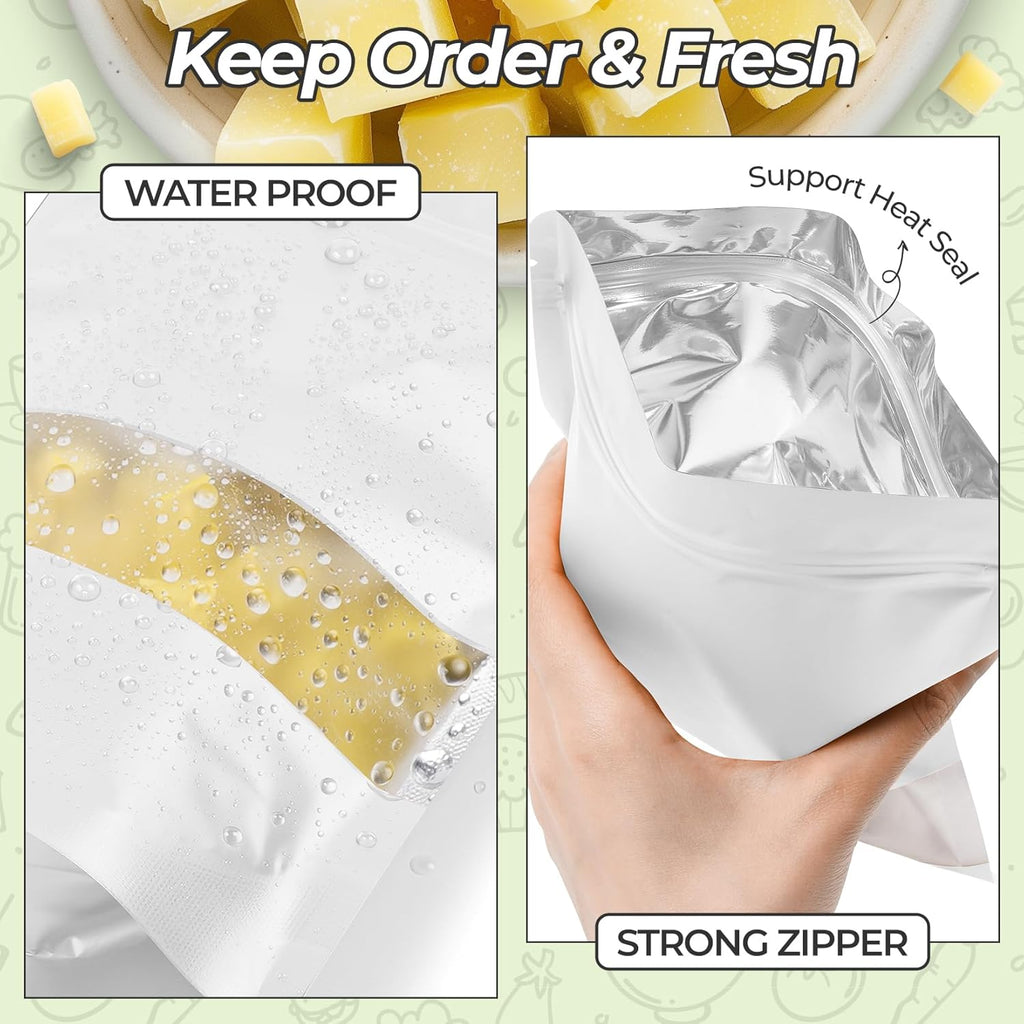 Funfery 100 Pcs Smell Proof Packaging Bags,Mylar Clear Bags for Food Storage,Sealable Bag for Packaging,Stand Up Pouches with Window,ReSealable Bag for Small Business,Cookies,Candy(White,4.7x7.9in)