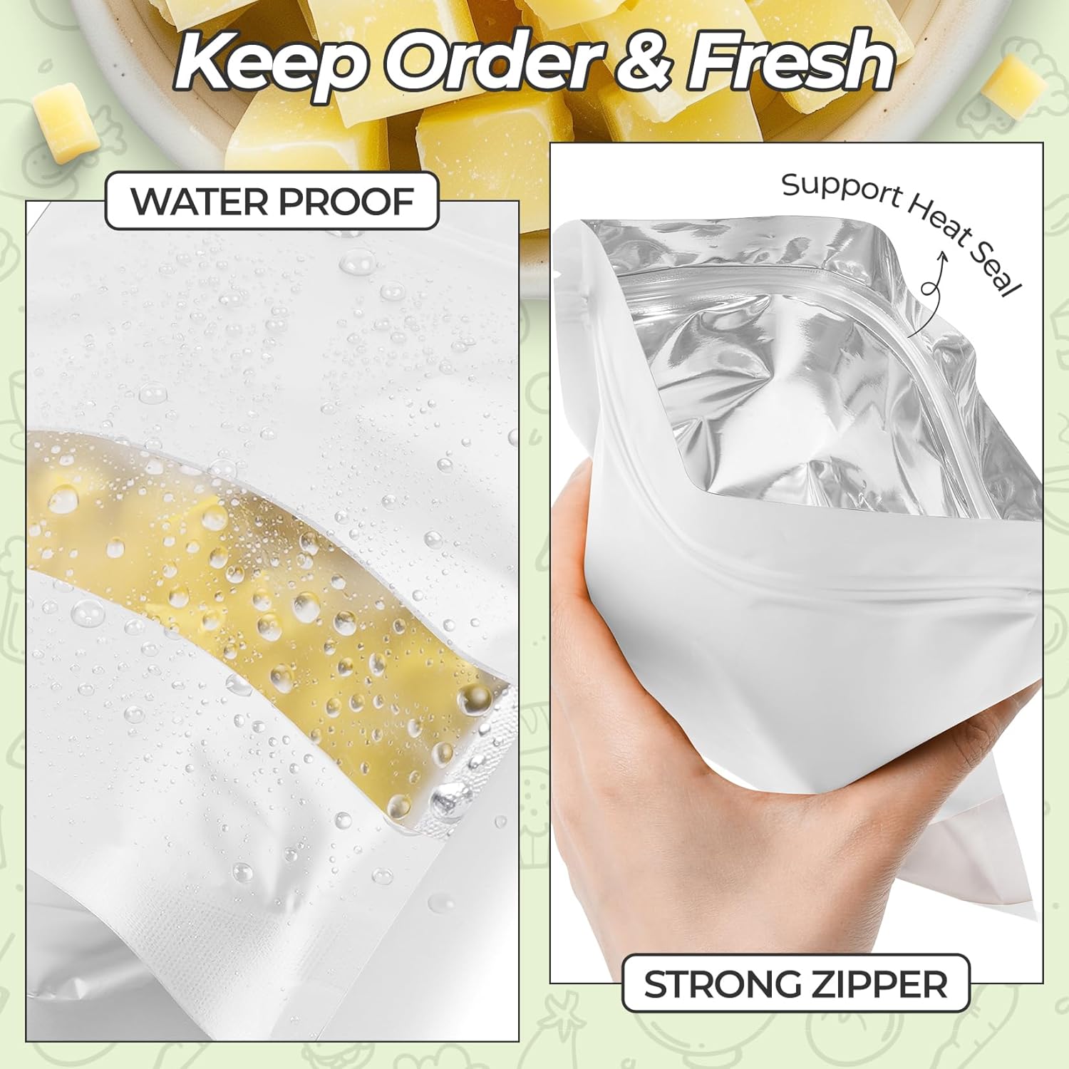 Funfery 100 Pcs Smell Proof Packaging Bags,Mylar Clear Bags for Food Storage,Sealable Bag for Packaging,Stand Up Pouches with Window,ReSealable Bag for Small Business,Cookies,Candy(White,4.7x7.9in)