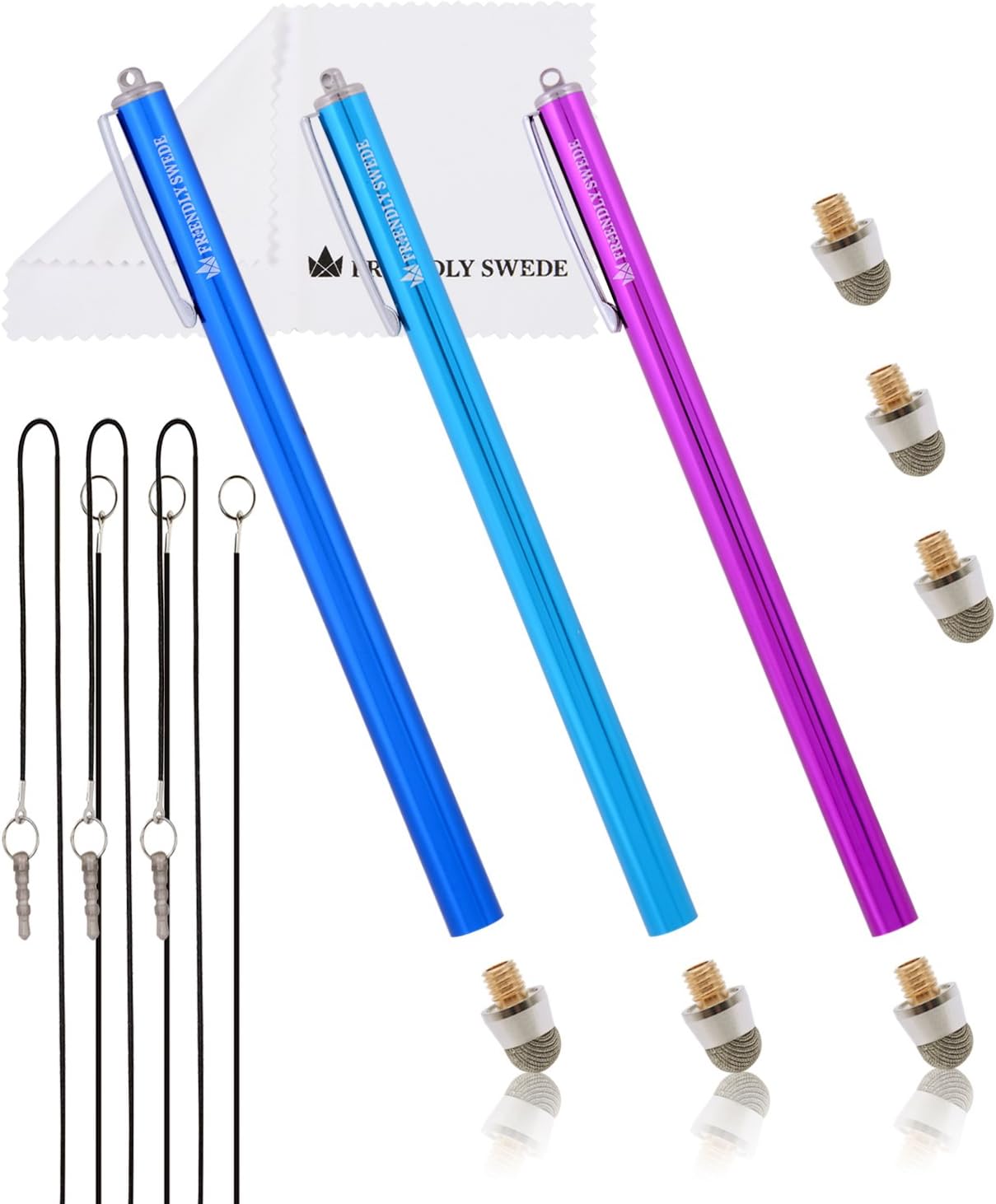 The Friendly Swede Extra Long Stylus Pen for Touchscreen — Set of 3 Micro-Knit 7.3" Capacitive Stylus Pens; 3 Replaceable Fiber Tips, 3 Elastic Lanyards & Cleaning Cloth - Purple/Dark Blue/Light Blue
