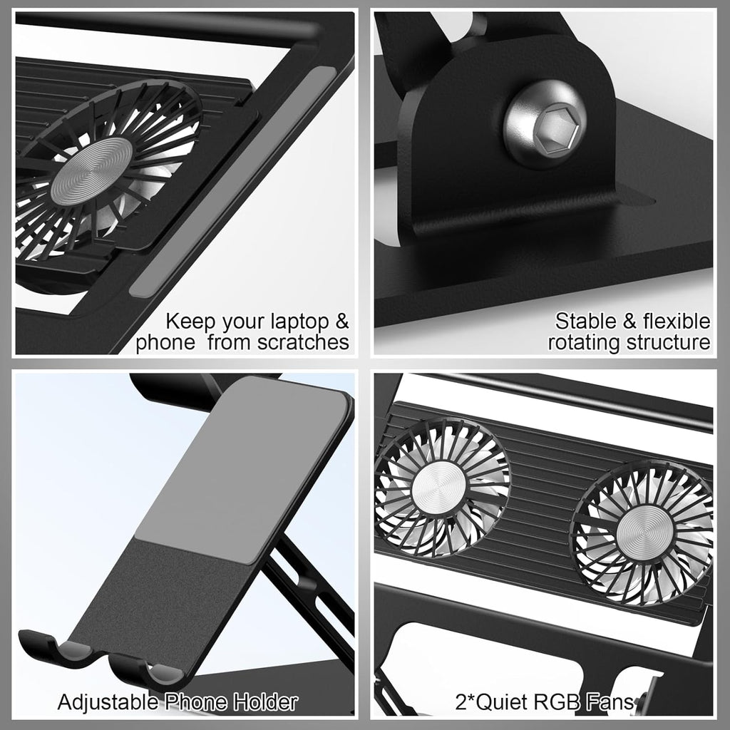 Laptop Stand with Fan, MacBook Cooling Stand with 2 Removable Silent Fans and Phone Holder,Adjustable Height and Angle,Laptop Cooling Pad for 10-18 Inch Laptop,MacBook Pro,Tablet (Black)