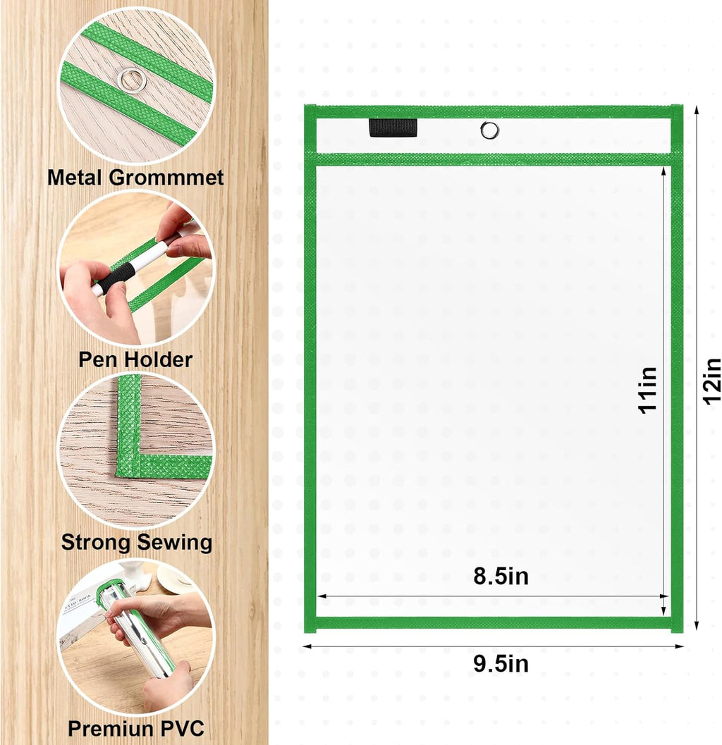 Nezyo Dry Erase Pockets Plastic Job Ticket Holders Shop Holder Order Pockets Clear Sleeves Tickets Folders Plastic Sleeves Paper Teacher Supplies for Classroom(12 x 9.5 in,Green,50 Pcs)