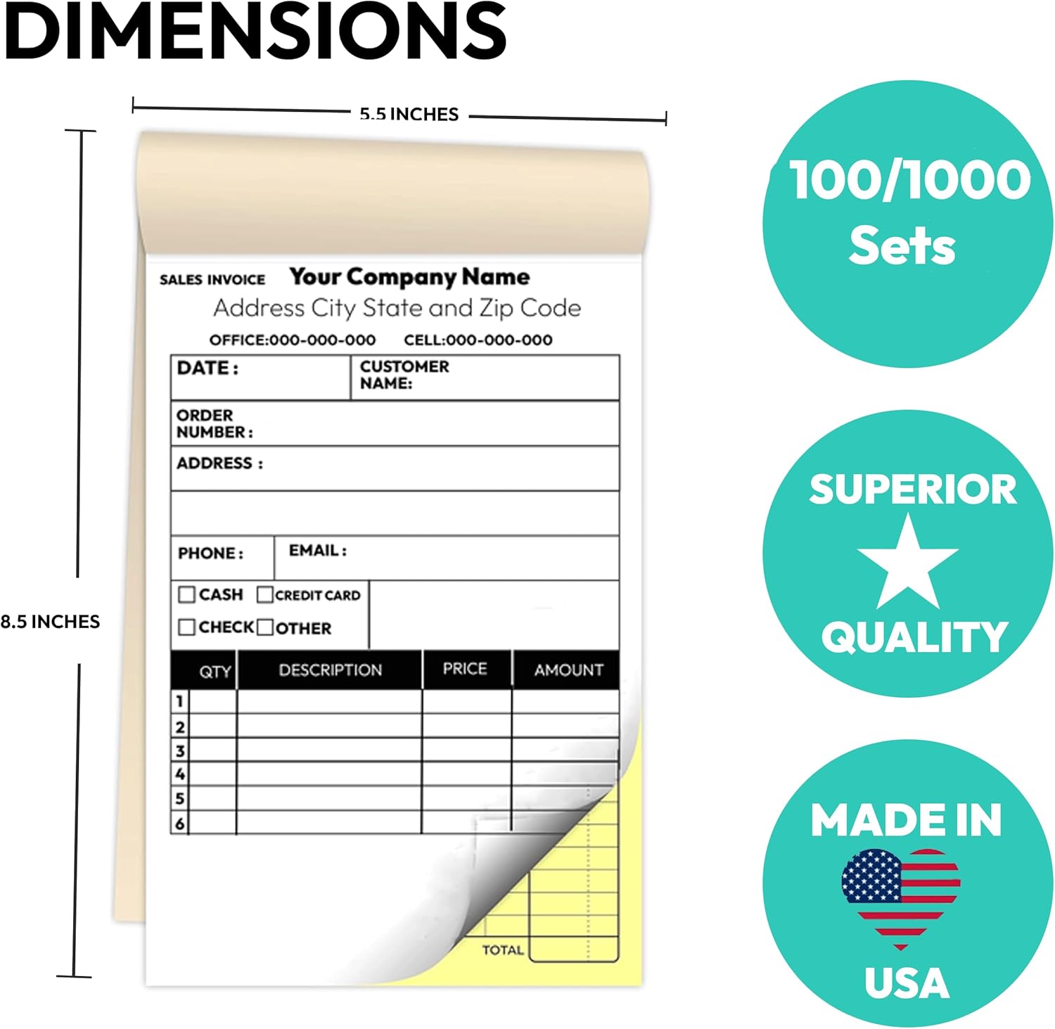 Custom 5.5" X 8.5" Invoice Receipt Book, Carbonless NCR Invoice Book in 2-Part Duplicate Receipts, Estimates, Purchase Orders, Sales Orders, Price Forms with Your Company/Business Name