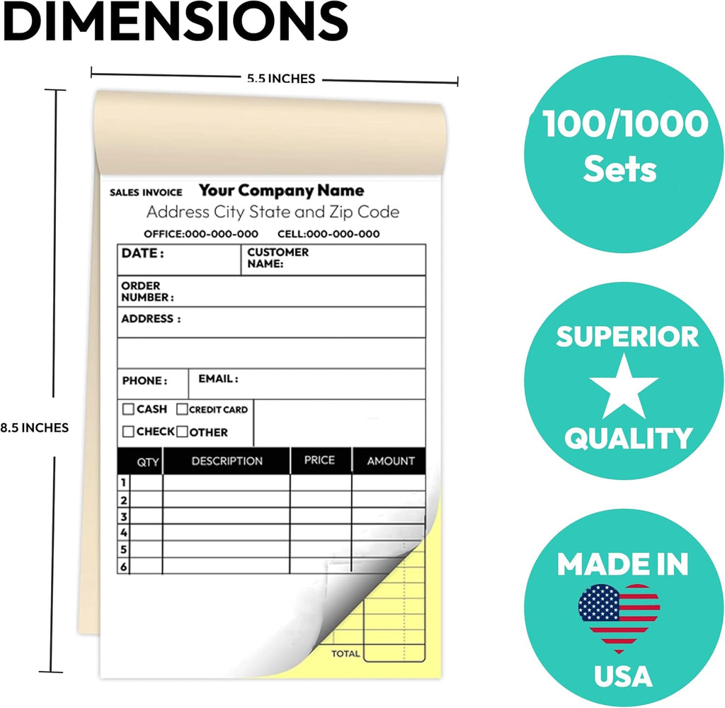 Custom 5.5" X 8.5" Invoice Receipt Book, Carbonless NCR Invoice Book in 2-Part Duplicate Receipts, Estimates, Purchase Orders, Sales Orders, Price Forms with Your Company/Business Name