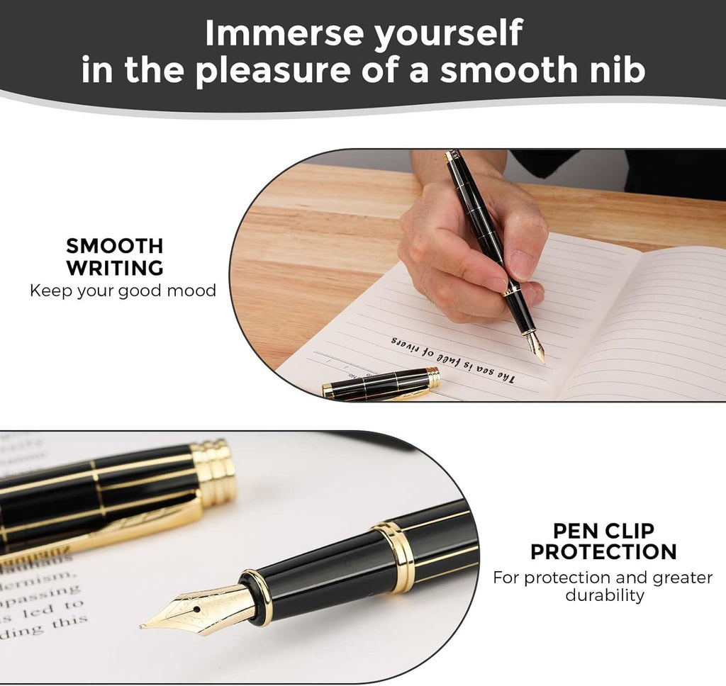 Tiankool Luxury Fountain Pen,Fine Nib, Exquisite Pen Gift Set for Men&Women-Includes 10 Ink Cartridges&Ink Converter- Nice Pens - Black - Gold Plaid