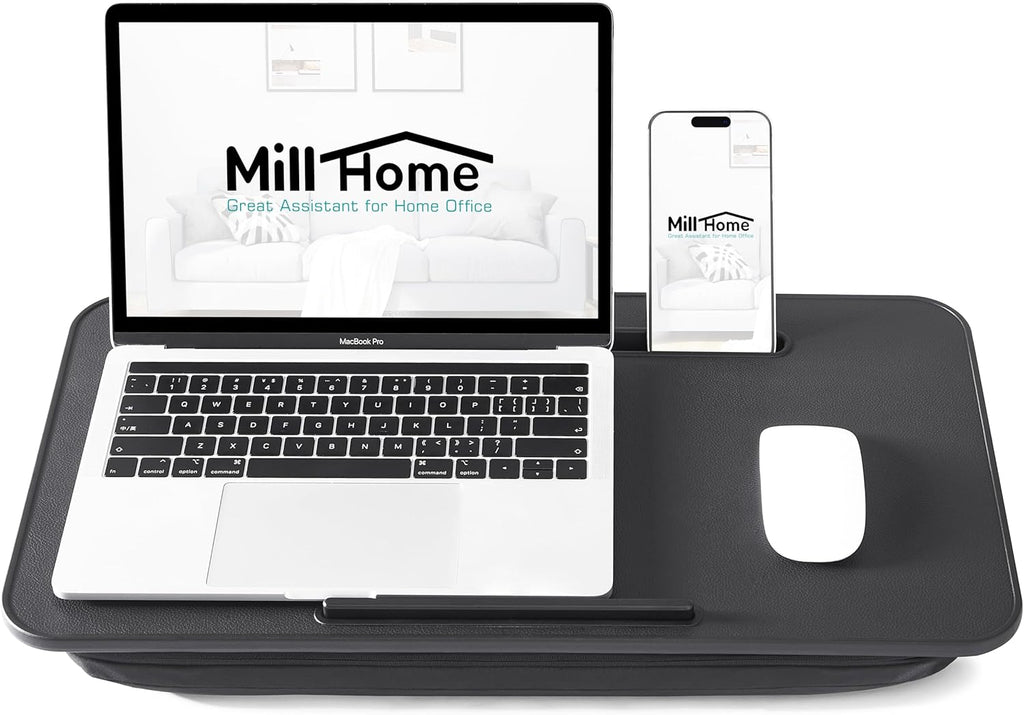 Lap Desk, Lap Desk with Cushion, Fits up to 17 inch Laptop, Pillow Designed, Portable Laptop Stand with Tray, Pad & Phone Holder, Home Office for Bed/Couch/Car/Reading/Writing,MillHome (Black)