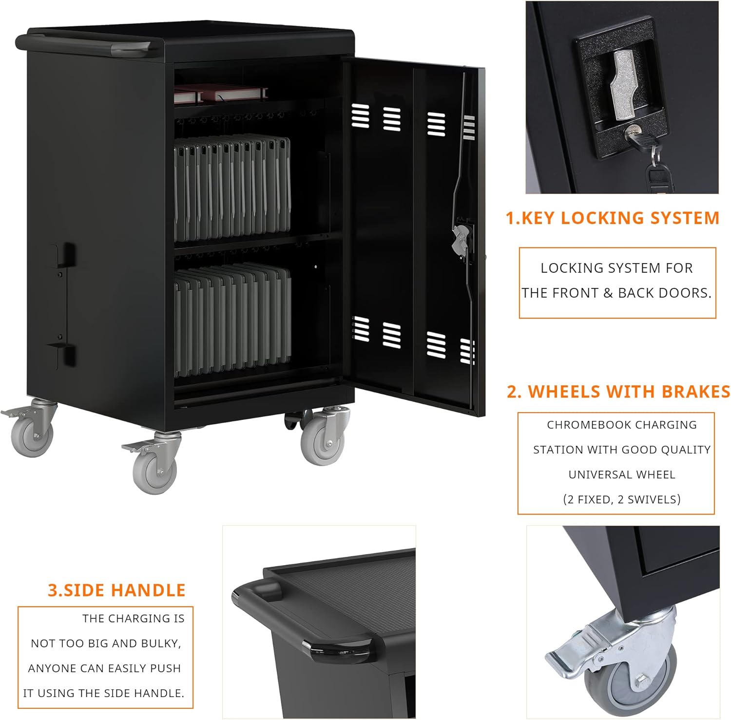 32 Device Mobile Charging Cart, Chromebooks and Laptop Computers, Locking Charging Station with Lock & Key
