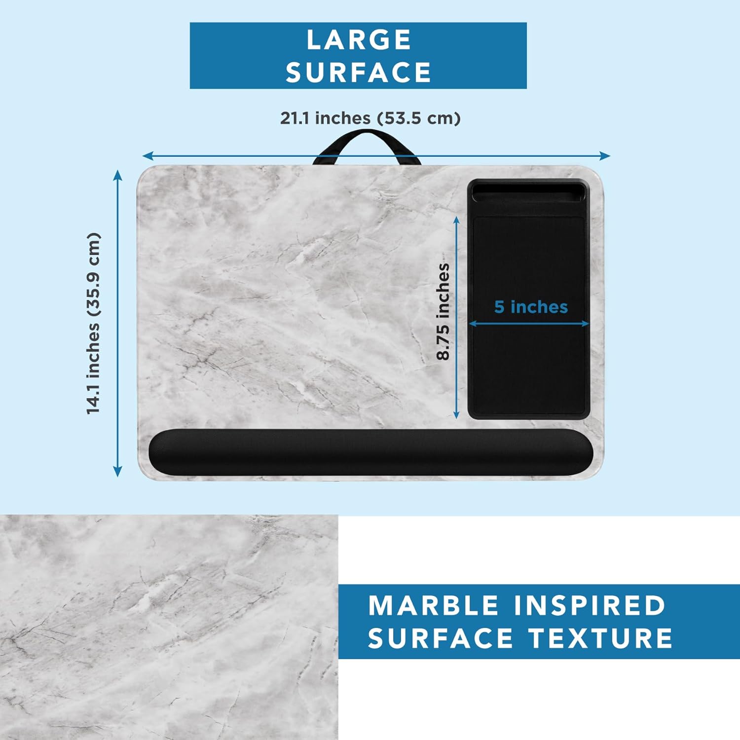 LAPGEAR Home Office Pro Lap Desk with Wrist Rest, Mouse Pad, and Phone Holder - White Marble - Fits up to 15.6 Inch Laptops - Style No. 91591